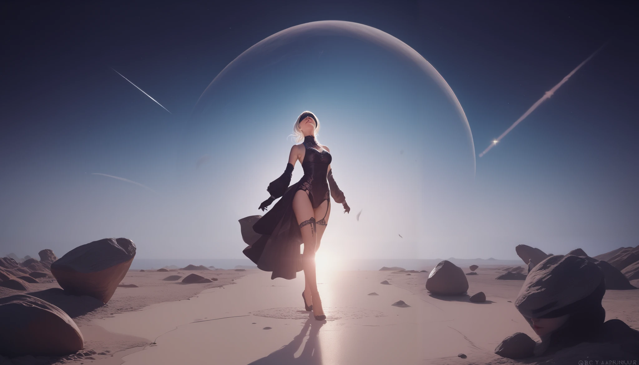 yorha10h, white hair, beautiful detailed lips, black blindfold, wearing a black elegant dress, standing on the lunar surface, light gray sand and rocks, looking up at the black sky with Earth in the center, outer space, hyper-detailed, cinematic lighting, dramatic, 8k, photorealistic, masterpiece, science fiction, perfect face, vacuum of space