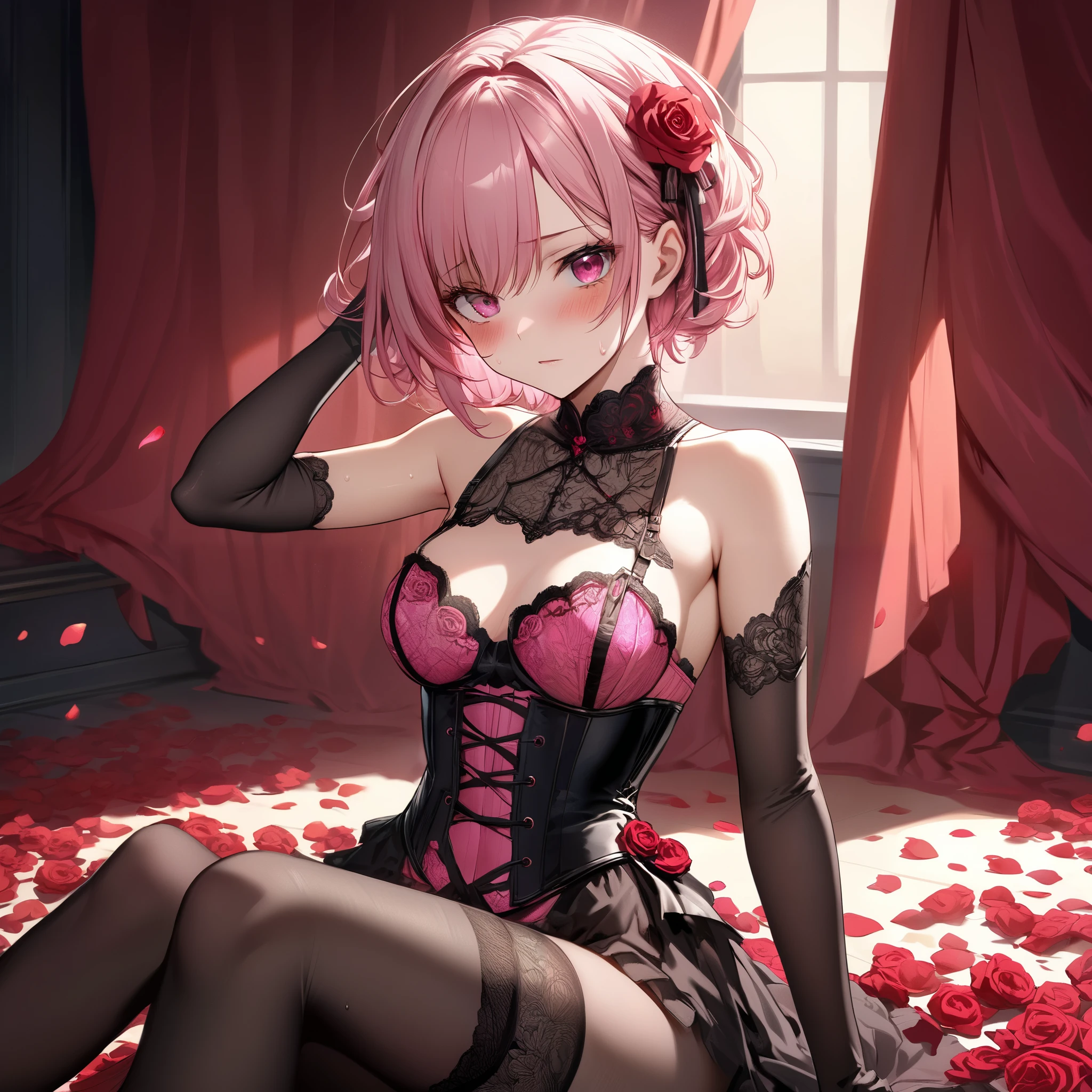 Masterpiece, anime girl, solo, looking at viewer, pink hair, gold eyes, one side ponytail hair