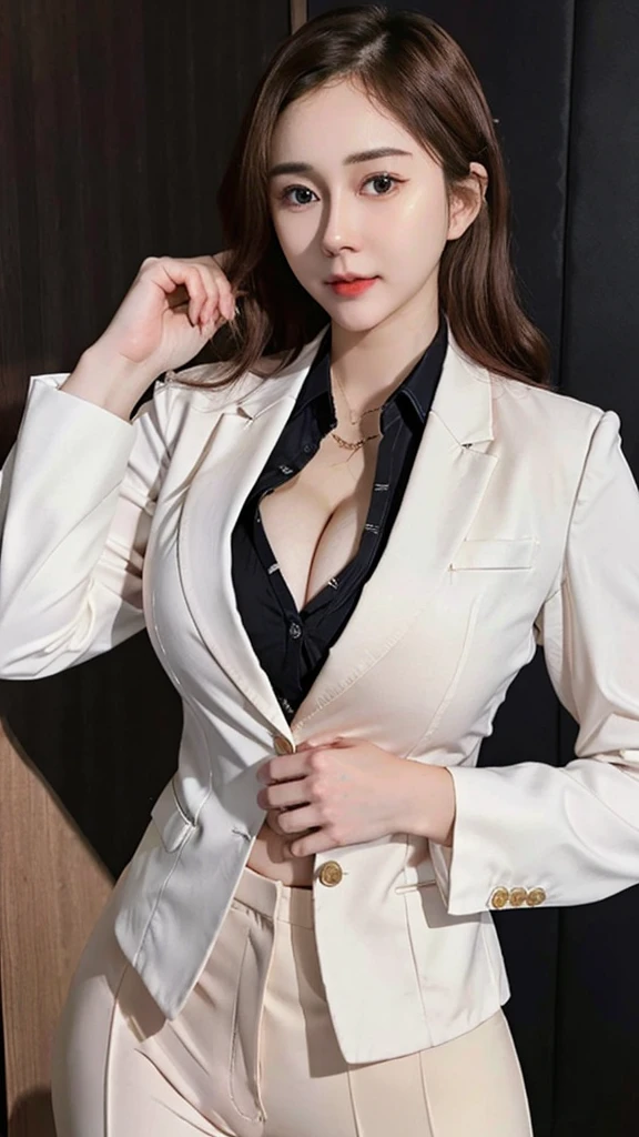 Creates a beautiful executive woman dressed in white clothes with black hair executive with a fixed gaze on what she wants