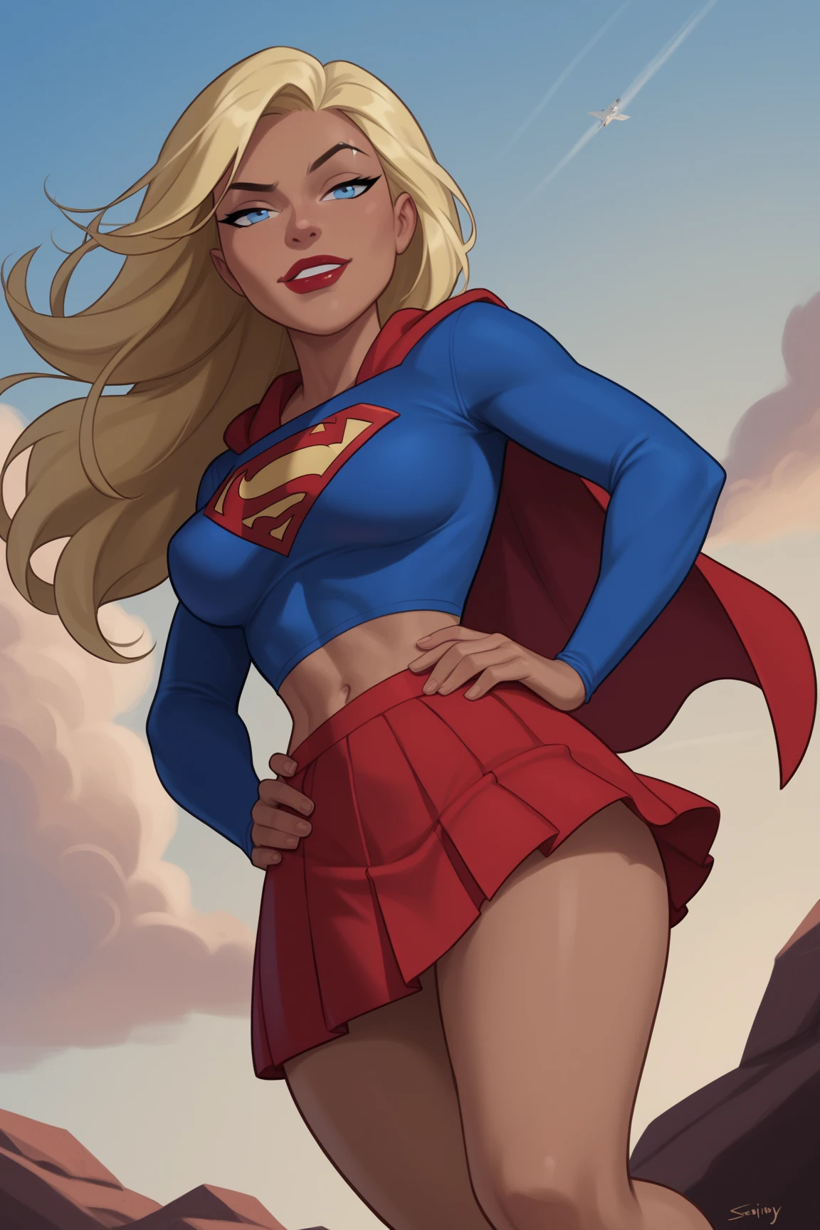 (cowboy shot), SFW, (work-premium), (Best quality: 1.0), (ultra-high resolution: 1. 0), detailed eyes, eyes closed, QUEBRAR Supergirl, 1 girl, Long blonde hair, Not with, Flying Headband, short top, short sleeves, cape, blue pencil skirt, white gloves, QUEBRAR red Boots (clouds, ruined city, apocalyptic post-sight) in exotic and sensual pose, six pack, abs, (((blood on the abdomen))), ((((Bruises on the abdomen))), ((full body)), (lying down, knocked out, lying on the floor)