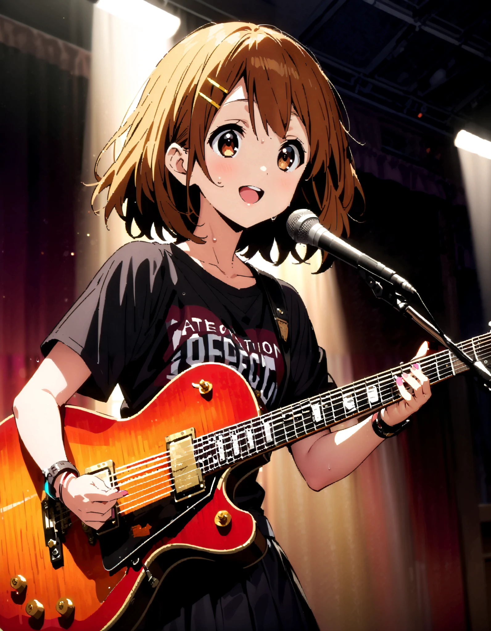 Yui Hirasawa, Yui Hirasawa,  brown eyes,  Hair,  Alone, hair ornament,  hair clip,   medium hair ,smile, open their mouths, black pantyhose,Playing with a black oversized , t-shirt mini pleated skirt , guitar(Gibson) , Instrument playing,  Stage Performance ,Singing in front of the microphone, playing in front of the microphone,sweat,whole bodyがイラストに入るように,                                                   
 break looking at viewer,whole body,
break indoors,  live house,
break (masterpiece:1.2),  top quality,  high resolution,  unity 8k 壁紙 , (shape:0.8), ( attention to beautiful details :1.6),  Highly Detailed Face ,  perfect lighting,   highly detailed CG, ( perfect hand,  perfect anatomy),