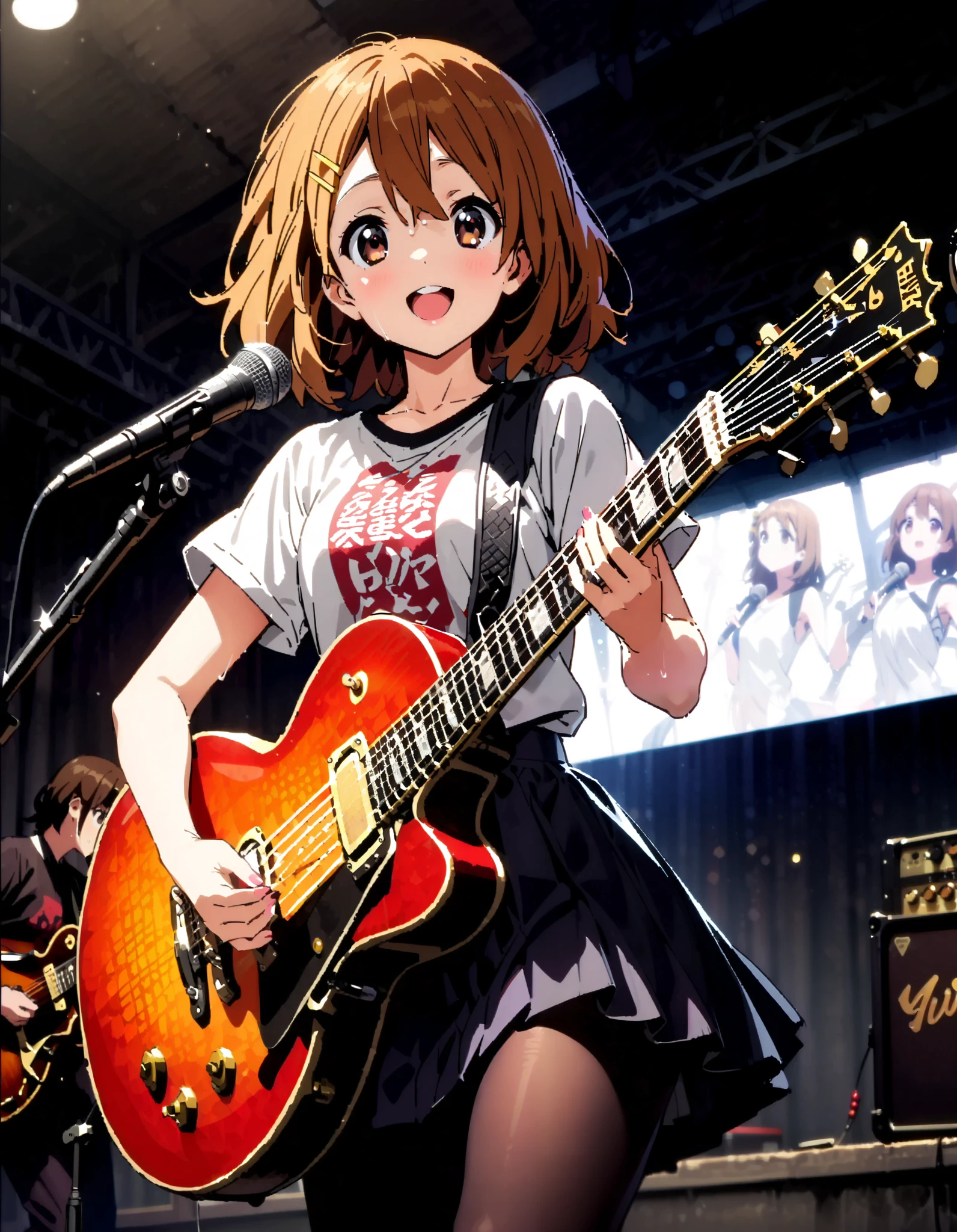 Yui Hirasawa, Yui Hirasawa, brown eyes, Hair, Alone, hair ornament, hair clip, medium hair ,smile, open their mouths, black pantyhose,Playing with a black oversized , t-shirt mini pleated skirt , guitar(Gibson) , Instrument playing, Stage Performance ,Singing in front of the microphone, playing in front of the microphone,sweat,whole bodyがイラストに入るように,
break looking at viewer,whole body,
break indoors, live house,
break (masterpiece:1.2), top quality, high resolution, unity 8k 壁紙 , (shape:0.8), ( attention to beautiful details :1.6), Highly Detailed Face , perfect lighting, highly detailed CG, ( perfect hand, perfect anatomy),
