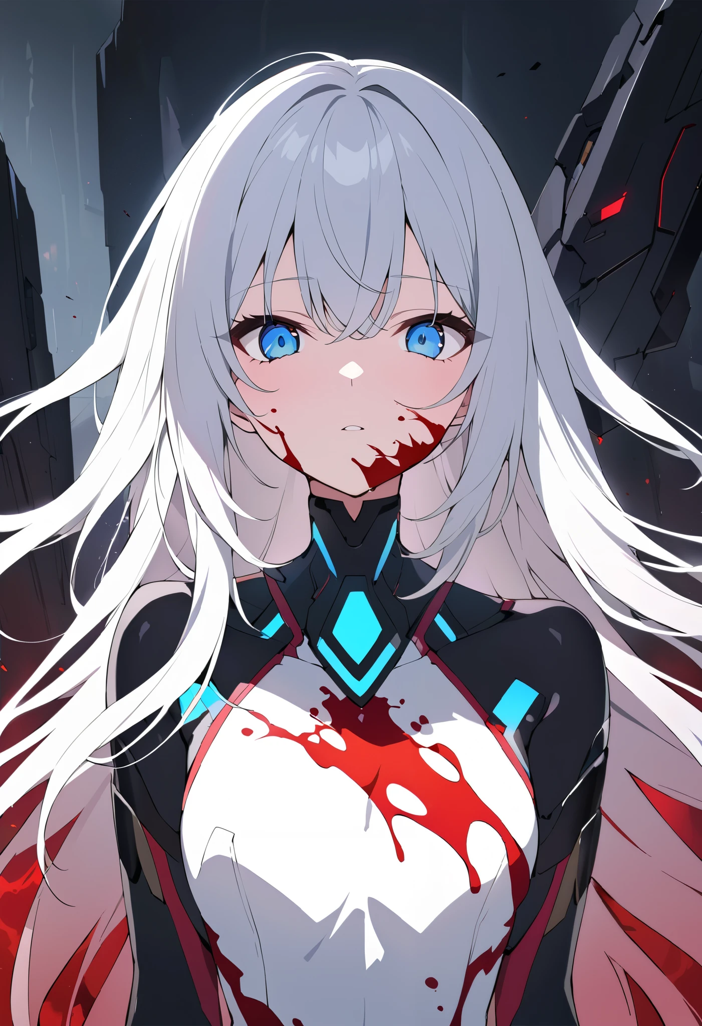 ((masterpiece, best quality)), very aesthetic, ultra detailed, intricate details, highly detailed, UHD, HDR, 8K, 1girl, mature female, white long hair, hair covering one eye, cinematic lighting, scary creepy wednesday, creepy wednesday theme, pixel style, pixels, pixelated theme, broken robot body, blood everywhere, yandere eyes, crazy yandere girl, dark theme, round breasts, robot body, large breasts, (newest anime art style)