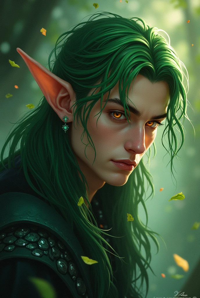 A man with elven ears , green hair and amber eyes - SeaArt AI