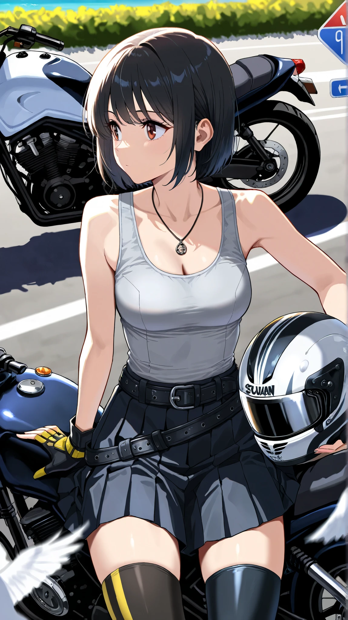1girl, matte skin, brown hair, green eyes, pixie cut, (messy hair:1.2), hair over one eye, hair between eyes, very short hair, black bodysuit, cleavage, gloves, riding, motorcycle