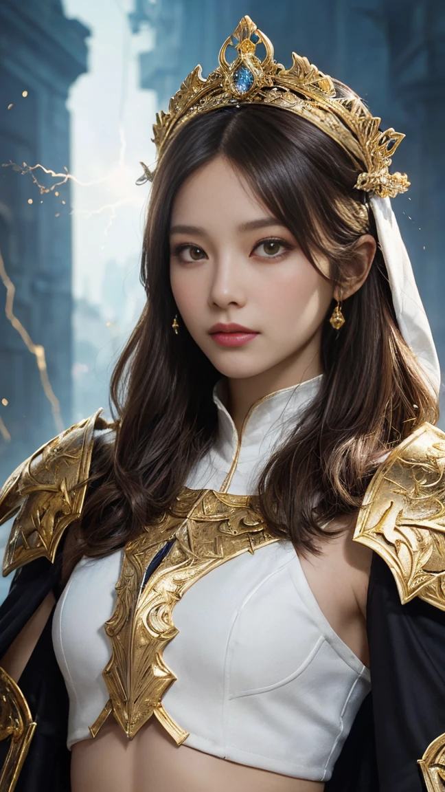 A pious lady beauty girl,(White straight rong hair),(glowing gold eyes ...