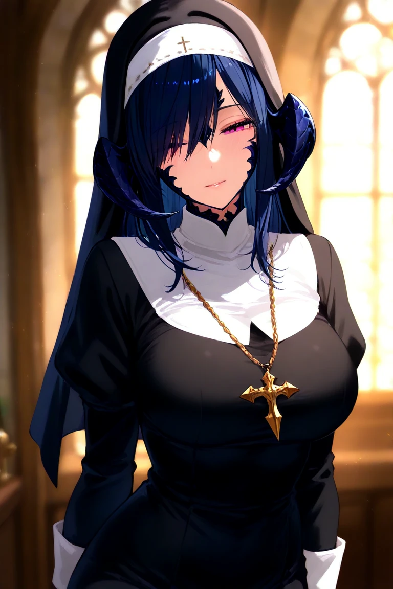 rosaria, rosaria, bags under eyes, hair between eyes, long eyelashes, multicolored hair, (purple eyes:1.1), purple hair, red hair, short hair, streaked hair, (medium breasts:1.2), BREAK bare shoulders, breasts, elbow gloves, fishnet pantyhose, fishnets, gem, gloves, gradient, nun, pantyhose, red gemstone, skindentation, thigh strap, tiara, white gloves,lace,
BREAK looking at viewer,
BREAK indoors, church,benches, candles, fire,
BREAK (masterpiece:1.2), best quality, high resolution, unity 8k wallpaper, (illustration:0.8), (beautiful detailed eyes:1.6), extremely detailed face, perfect lighting, extremely detailed CG, (perfect hands, perfect anatomy),from above,upper body.