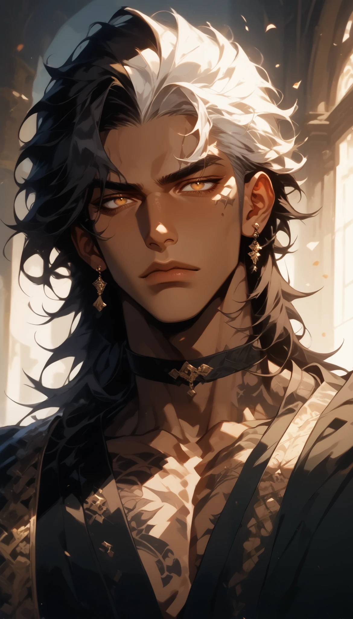 (score_9, score_8_up), impasto, short hair, masterpiece, best quality, 1 man , white hair, mullet , perfect face , amber eyes , handsome male , Alone, adult male , upper body , delicate line drawingimpasto, masterpiece, high resolution, Top quality, unique , 1 male , nice , ((dark skin, tattoos on body)) , dark haired, black loose shirt, choker