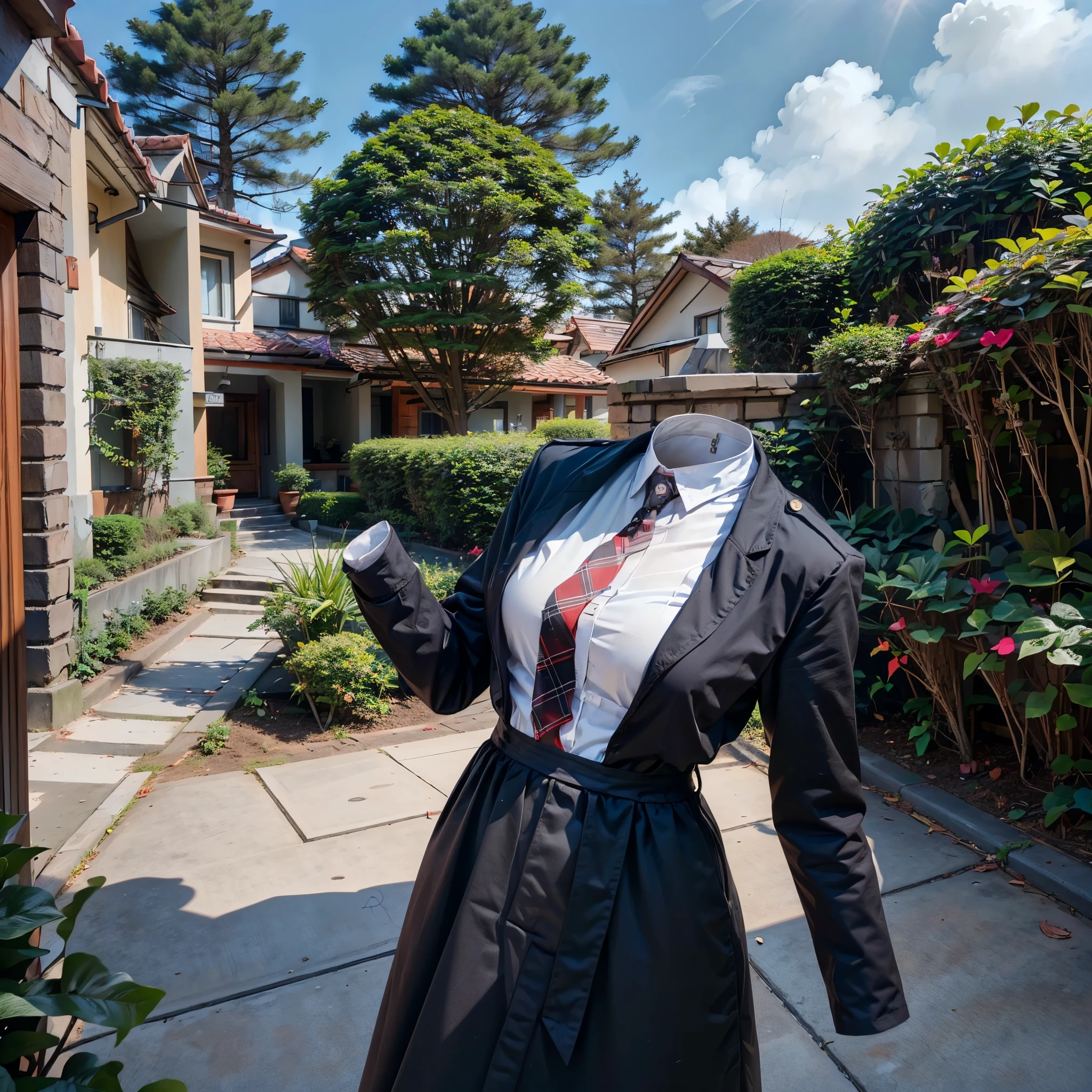 (invisible, no humans, headless, handless, faceless:1.5), 1girl, highres, stripe tie, school uniform, black dress, red ribbon, long sleeves, neck ribbon, school jacket, collared dress, in garden, photon mapping, radiosity, ((Hasselblad photography)), physically-based rendering, detailed cloth texture, arched back