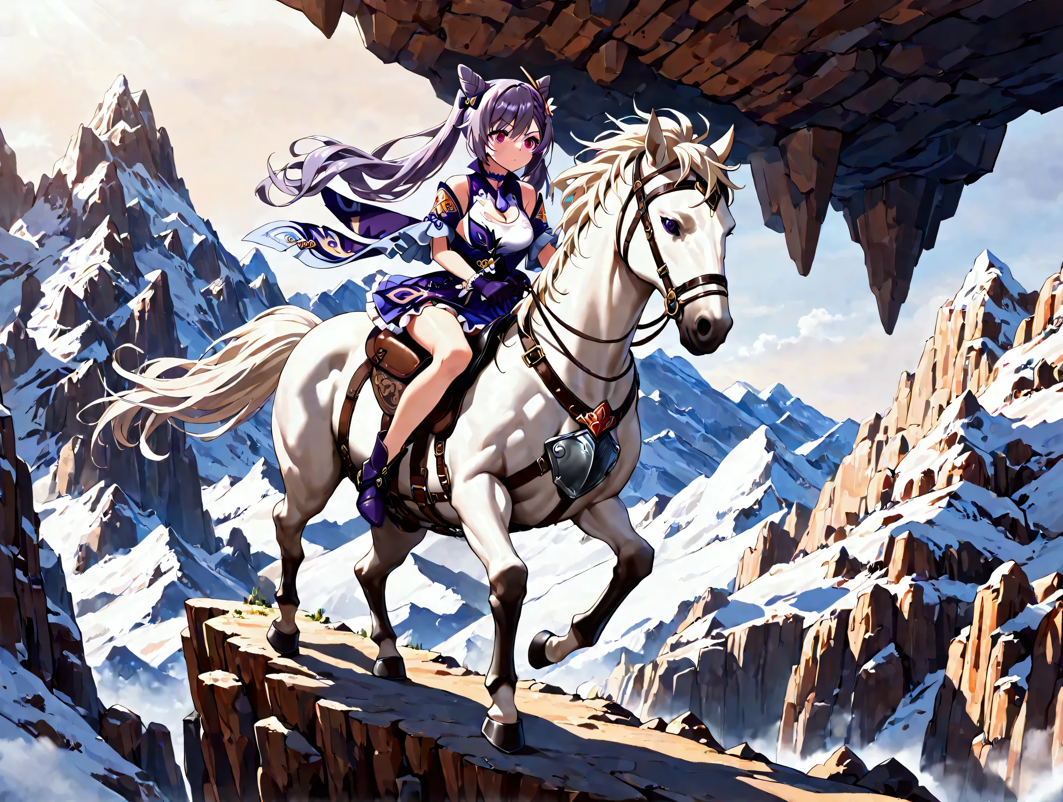 (masterpiece:1.3), (8K, best quality:1.3), Highest image quality, intricate details, high resolution, depth field, Natural light, professional lighting, BREAK riding, horse, (((a young woman wearing in adventurer clothes riding on a HORSE by climbing a steep cliff to the top of the mountain)), ([keqing, braid, cone hair bun, hair bun, hair ornament, long hair, purple eyes, purple hair, cleavage, medium breast]), (dress, miniskirt, breastplate, cleavage, gauntlet, gloves, bare legs, greaves, )), BREAK ([white horse, saddle, reins, bridle, running]), solo, (on the jagged steep cliff, mountainside, fantasy settings:1), both hand holding rein, from side: 1, anatomically correct