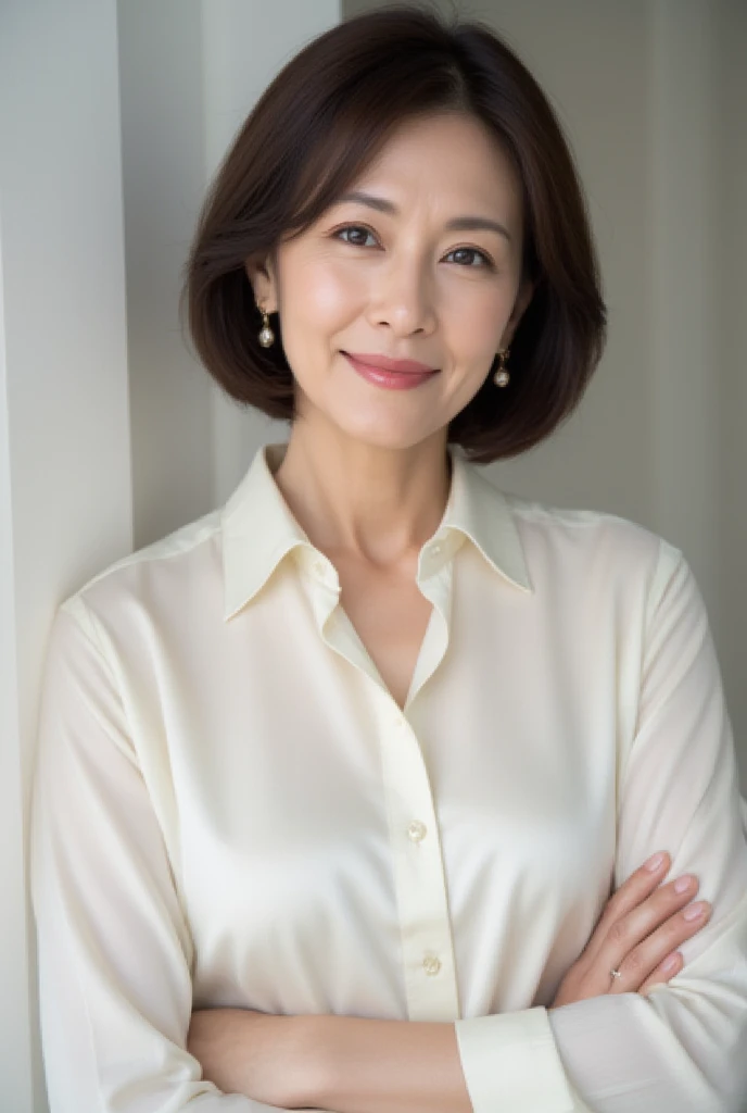 (highest quality, masterpiece:1.2), woman, portrait, good, outdoor 45 years old blouse Fine wrinkles Chinese white yellow
