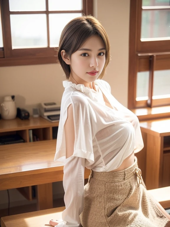 ultra Realistic 8k cg, picture-perfectionな顔, perfection, clean, masterpiece, Professional artwork, Famous works of art, perfectionな顔, Beautiful Face, beautiful eye, ((perfectionな女性の体)), alone,(Immersive atmosphere, Chiaroscuro:1.5,Bright light:1.2,Bright lighting)
,,(blush:0.5),Seductive look,Very detailed_eye,Thick thighs,Large Breasts,
Beautifully detailed backgrounds,Depth of written boundary,Realistic:1.3, Long Shot,One girl,shirt,Pleated skirt, , Sitting, whole body,
(Zhou Haoguang:1.3),(Structure of the film:1.3),(Neon Light:0.1),(High resolution:0.1),Accent lighting, White Pantyhose,