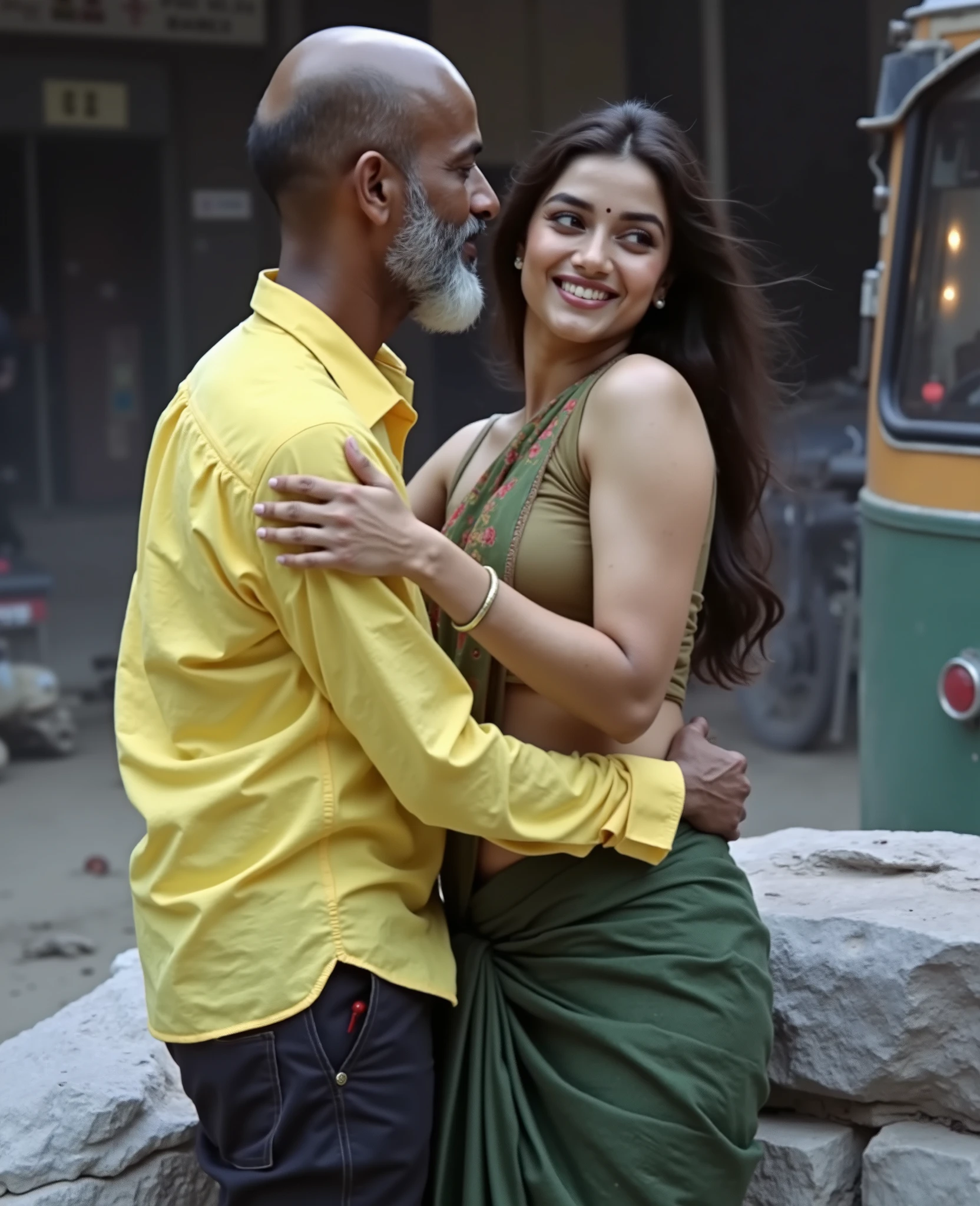 woman age 25 is a beautiful indian woman dressed in a yellow transparent saree, is hugged by an old man. She is wearing a sleeveless blouse under the saree. Her hair is long and loose. She smiles mysteriously at the camera. The man is in his 60s, bald, dark complexion has a big grey beard. The scene takes place outdoors at night in delhi. The setting is a misty bazaar, with old auto-rickshaws in the background. The composition is a medium close-up, focusing on the interaction between the figures. The atmosphere is suggestive, and laced with intimacy