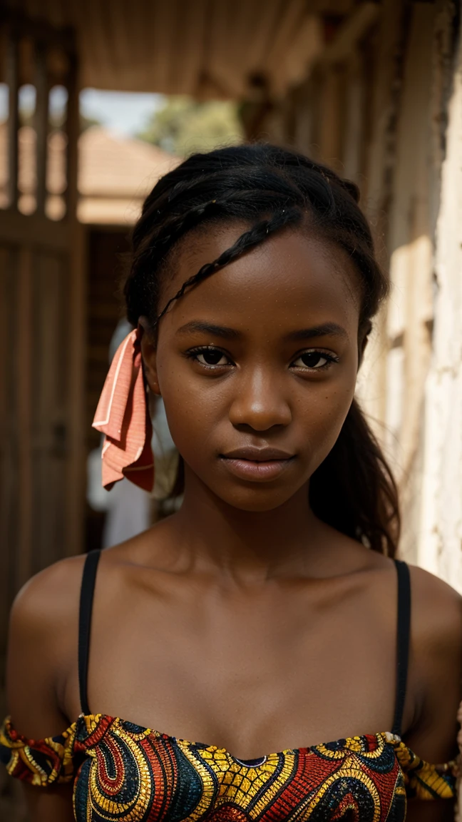 1girl, Nigerian, (photography, highly detailed:1.2), portrait, detailed face, upper body, shoulders, chest, ager, cute, shy
