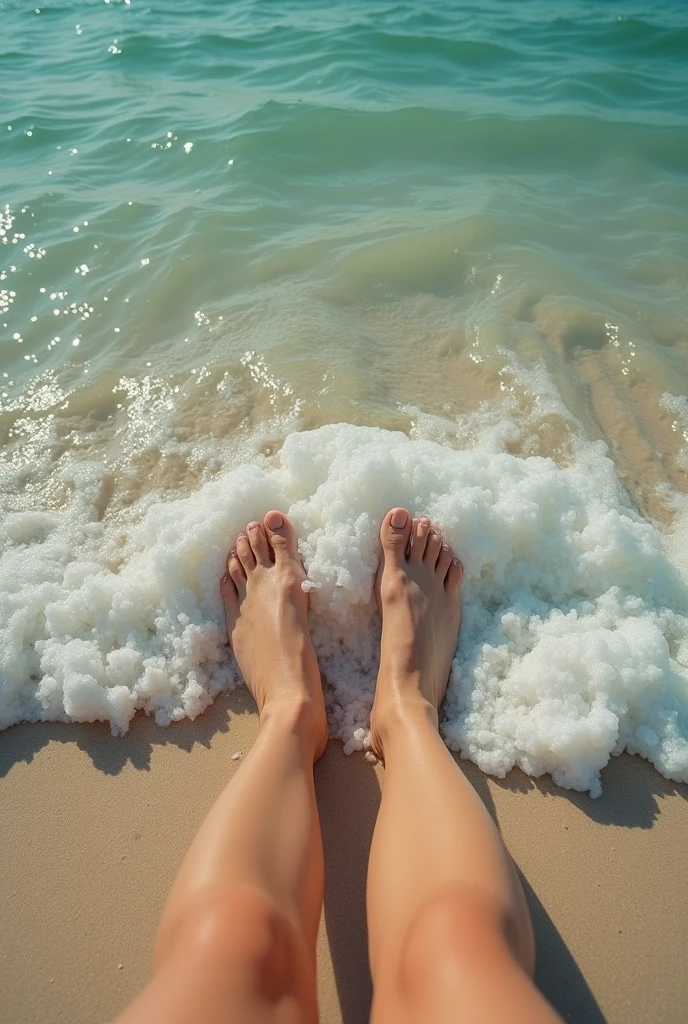 (perfect sexy feet:1.3) in the ocean surf getting wet, veiny, Caribbean sunny day, tanned, barefoot, 8k, uhd, dslr, insane detailed, detailed skin, skin imperfections, realistic, award-winning photo, <lora:perfect feet:1>