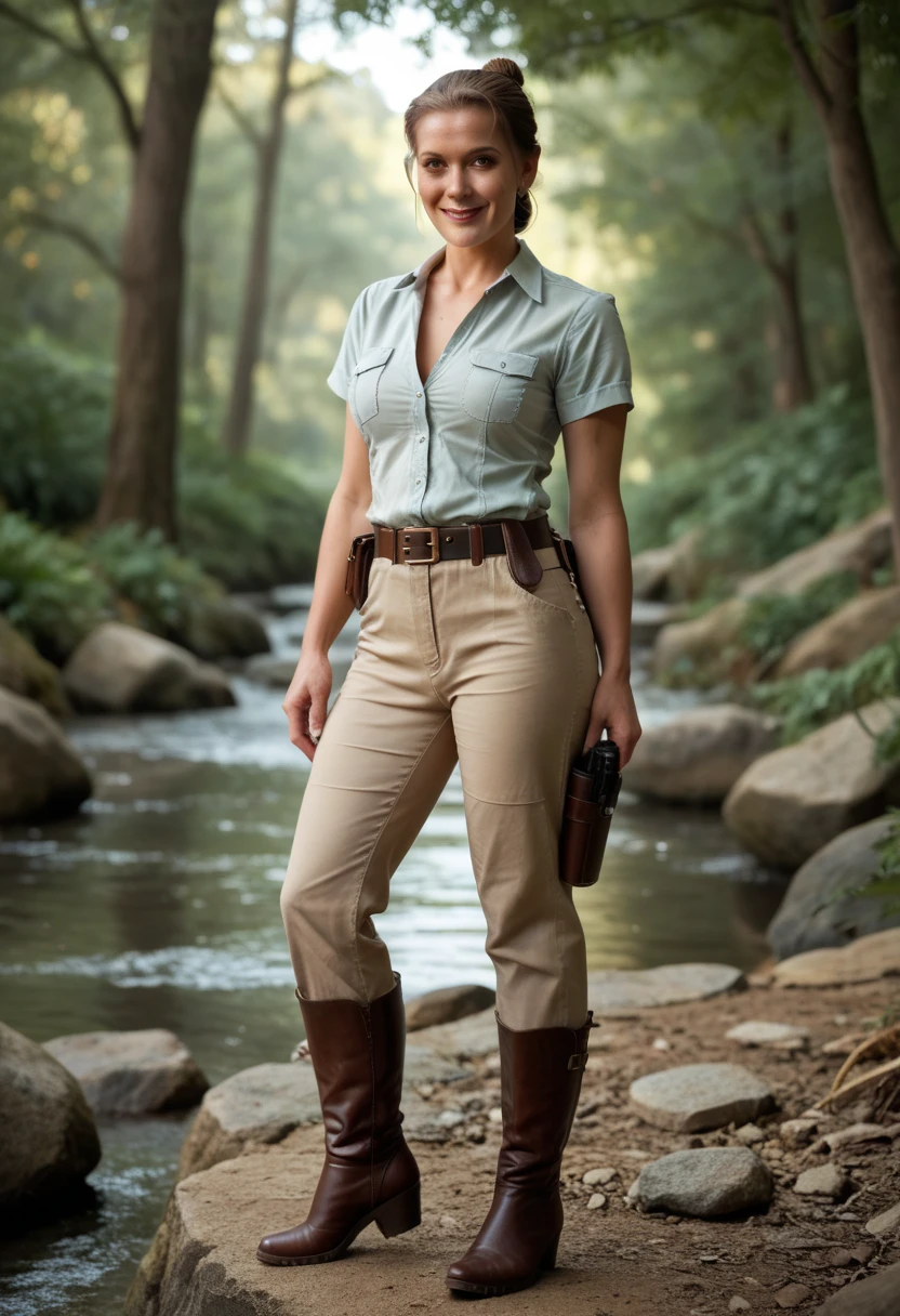 (1girl) (katee woman, hair tied back, natural medium breasts, mature woman), BREAK, short-sleeve sheriff's khaki shirt, sheriff's khaki pants, leather belt, holster, boots, BREAK full body, seductive smile, sexy pose, BREAK in a deserted wilderness, masterpiece, dramatic lighting, highly detailed, depth of field