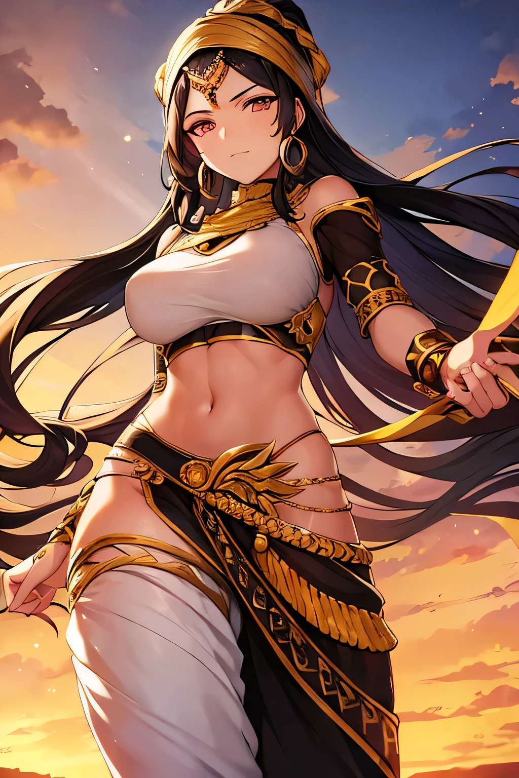 Mesopotamian goddess, long black hair, golden ornaments, short white top, open waist, short skirt, thick thighs, beautiful face, fair face, smile, golden earrings, hair ornament, cleavage line, off shoulder, curly hair, hot, big breast, goddess, high resolution, high contrast
