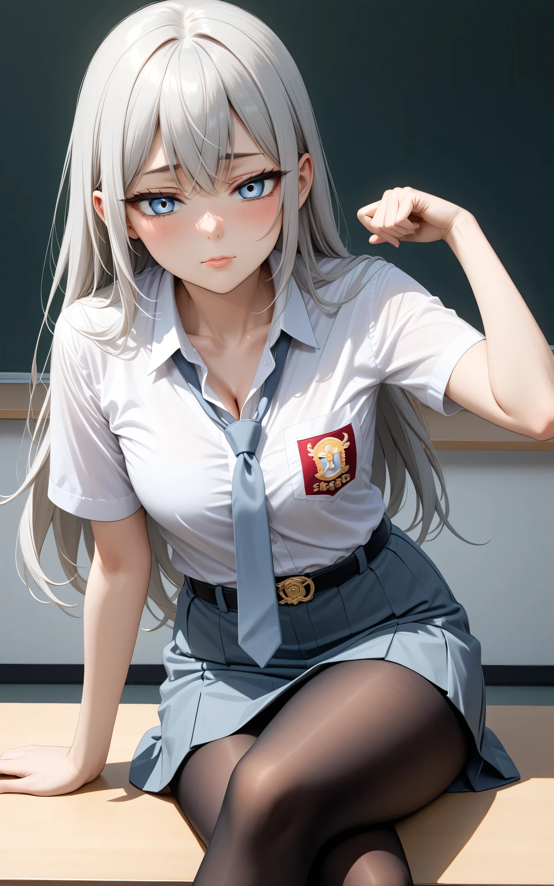 upper body, Random Sexy pose , ((Ultra detailing)), (very aesthetic, best quality, ultra detailed), intricate details,
1girl, silver hair, silver eyes,((Detailed eyes)), ((Beautifull eyes)), ((prefect eyes)), sharp jawline, long hair, shy, Licking her lips, Blush ,Wearing sma shirt, Gray tie, Gray Skirt, Belt, Pantyhose, Shoes, Cleavage, class room, crossed legs