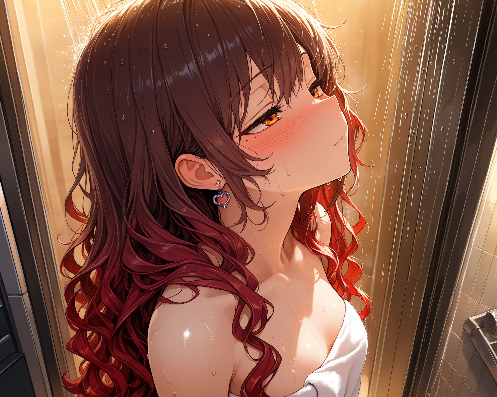 from above, portrait, side shot, looking up, very cute face, cute girl, solo, long hair, wavy hair, ((brown hair with red ends)), Mole under the left eye, orange eyes, half closed eyes, flat breasts, naked towel, heart Pierced earrings, blush, sweat, shower, have a shower, flawless smooth skin, particles, fractal, (best quality,4k,8k,highres,masterpiece:1.2),ultra-detailed,intricate details, high fashion, dramatic lighting, warm colors, chiaroscuro