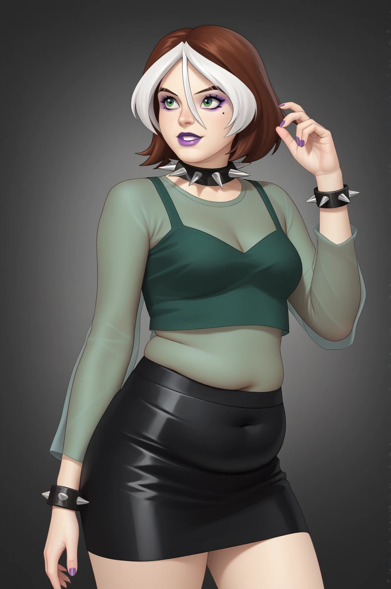 source _ cartoon, score_9, score_8_arriba, score_7_arriba, score_6_arriba, score_5_arriba, score_4_arriba, BREAK, a girl, a girl, rogue, to wonder, multicolored hair , brown hair , white hair, Lápiz labial morado , Sombra de ojos morada, green eyes, transparent shirt, skirt, spiked necklace , spiked bracelets , modeling pose ,chubby body, (clothes that fit your big).