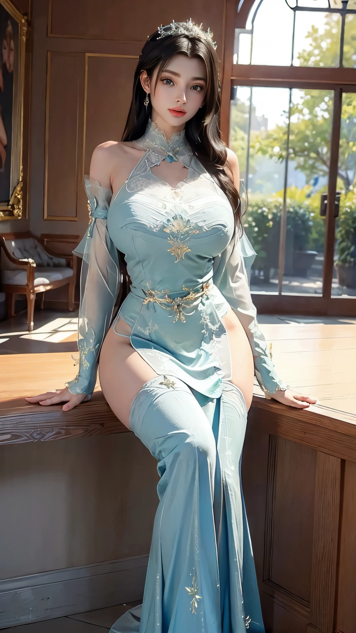 Arad woman in blue dress sitting on windowsill, cute anime waifu in a nice dress, trending on cgstation, 8K high quality detailed art, anime barbie in white stockings, highly detailed exquisite fanart, Extremely detailed Artgerm, the anime girl is crouching, flowing magical robe, beautiful and seductive anime woman, WLOP and Sakimichan