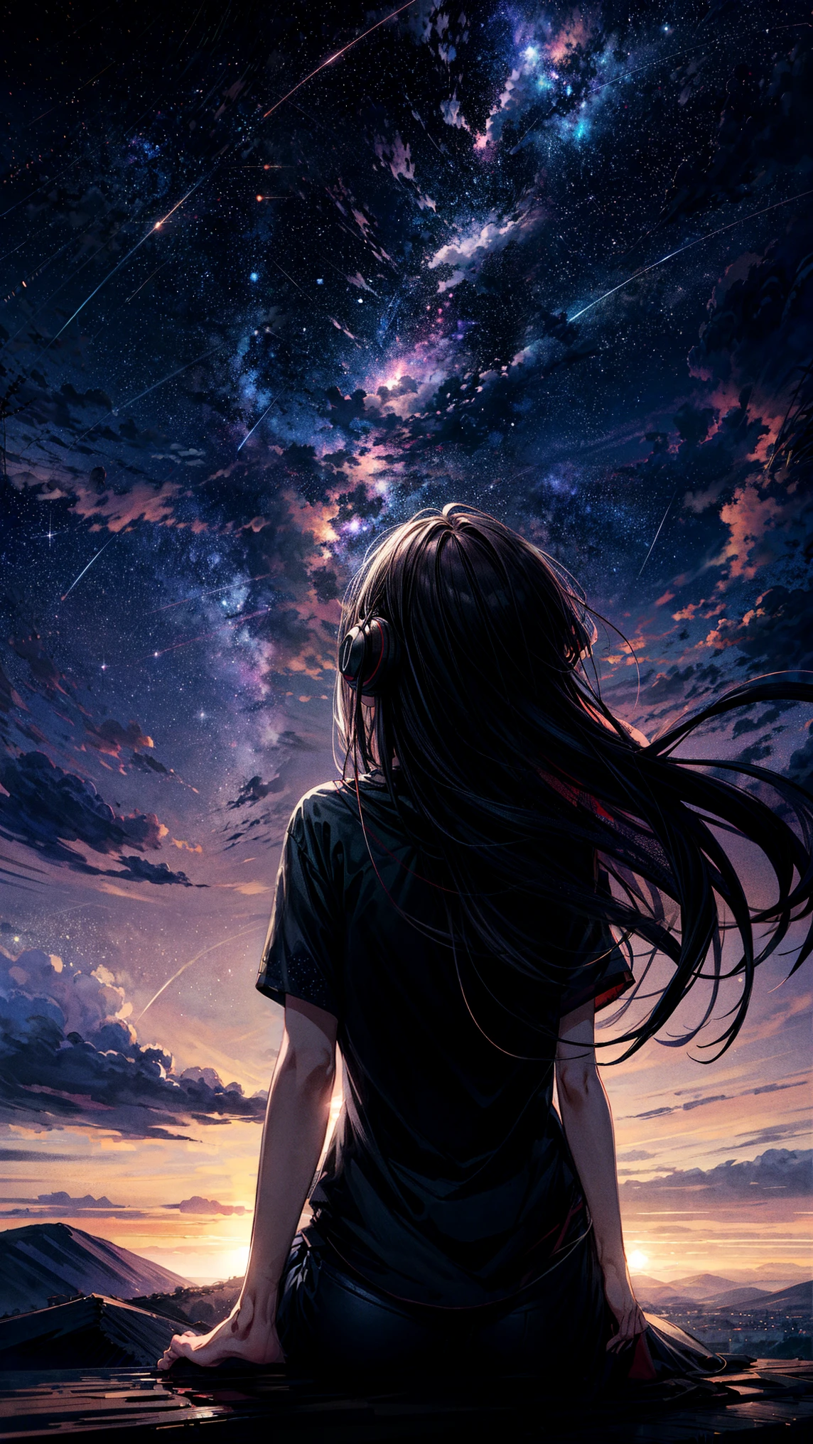 sunset、hill、cloud、Long Hair、woman、Sitting、silhouette、Back view、Beautiful starry sky、Look up at the sky、The wind is blowing、Wide sky、Headphones