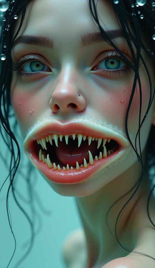 This woman's face changes to resemble a snake, plastic begins to form on her body, and her clothes disappear except for her underwear.