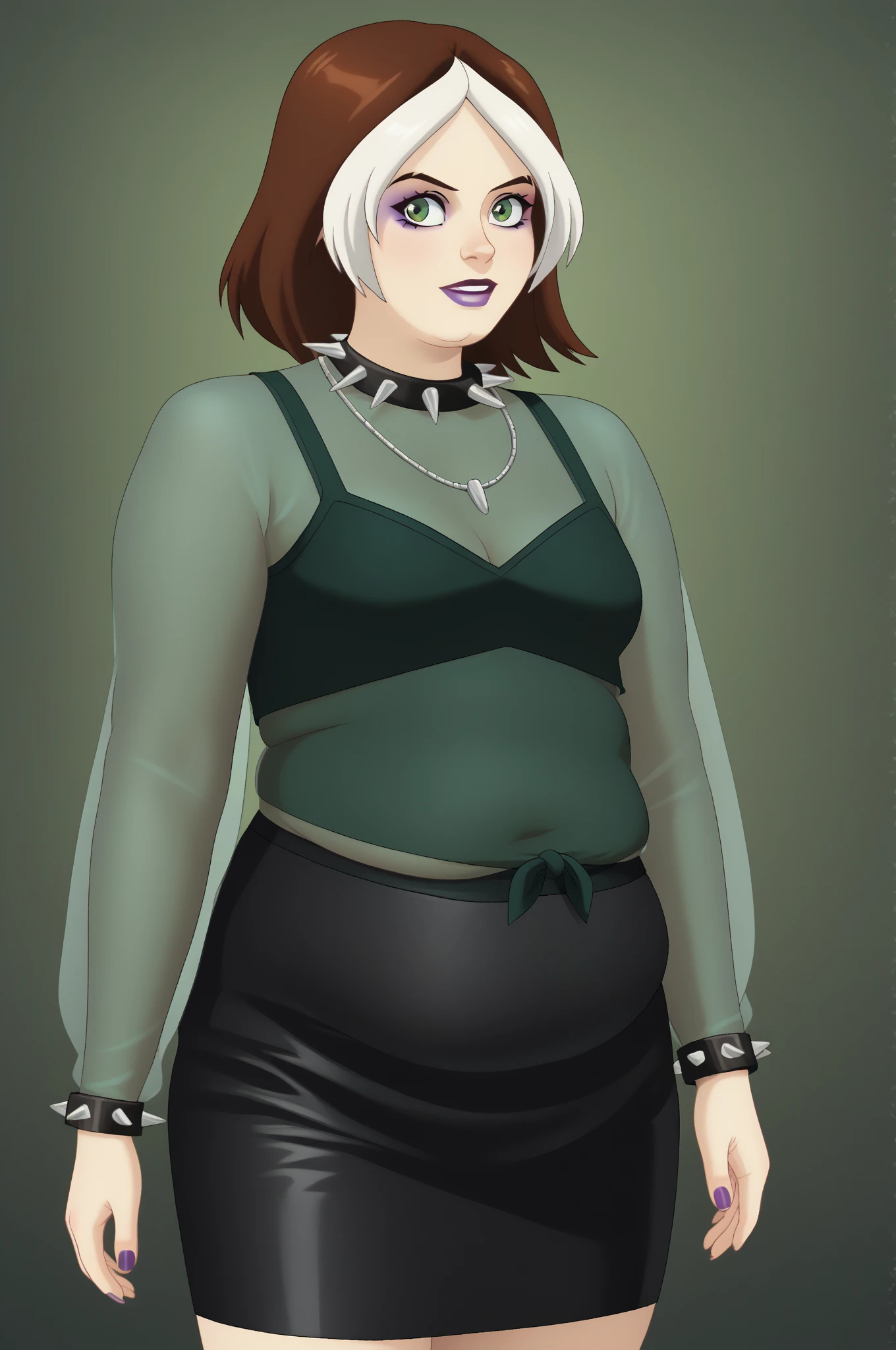 source _ cartoon, score_9, score_8_arriba, score_7_arriba, score_6_arriba, score_5_arriba, score_4_arriba, BREAK, a girl, a girl, rogue, to wonder, multicolored hair , brown hair , white hair, Lápiz labial morado , Sombra de ojos morada, green eyes, transparent shirt, skirt, spiked necklace , spiked bracelets , modeling pose ,chubby body, (clothes that fit your big).
