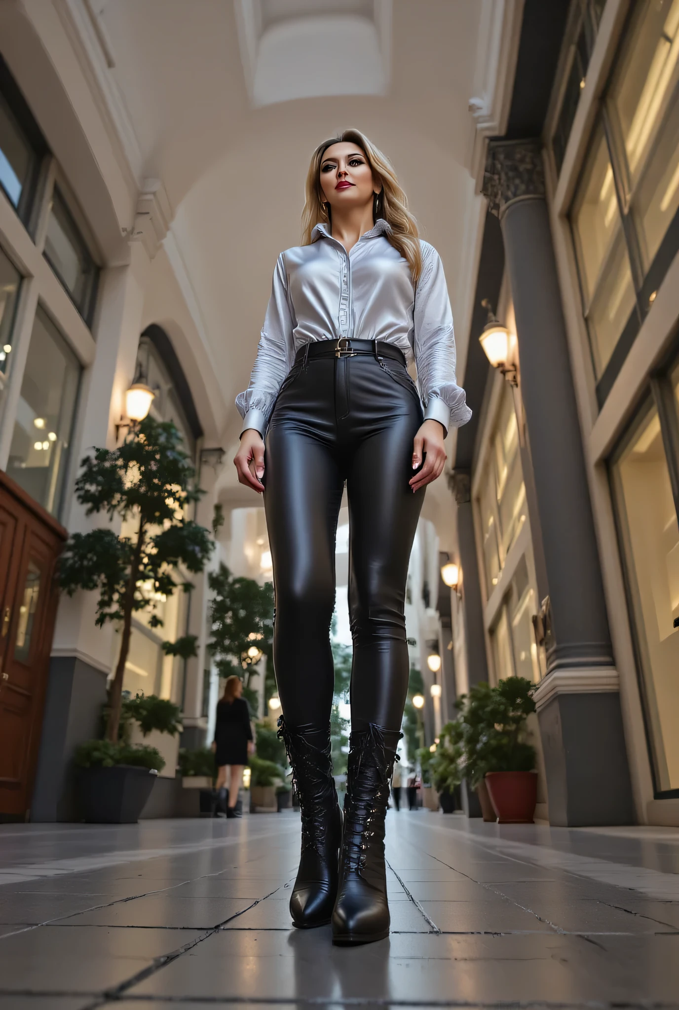 beautiful woman, 25 years old, Elsa , ultra-low angle shot from close to the ground, She is standing in an office, rear view , long legs, legs spread, black shiny tight latex leggings, belts , tight-fitting silver shiny high neck shirt , high heel ankle Boots Witch shoelaces, pretty little butt , large round breasts , long blonde hair, Smiles at the camera , tall woman , flat stomach, narrow pelvis, realistic , realistic es Gesicht, perfect Face , confident, in great detail, schmale Size, seductive,