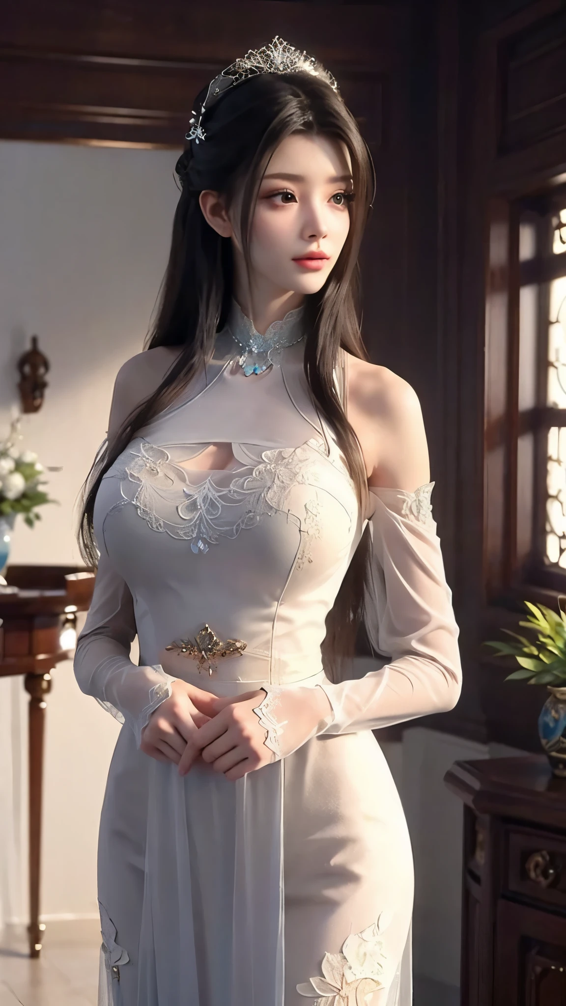 tmasterpiece,Best picture quality,HD 8K wallpaper,Beautiful picture,Elegant single woman,"Embellished Lace Lingerie Set" dress,Shiny eyes,Detail at its best,An exquisite masterpiece,Pure beauty and lightnesoderately aesthetic,Gentle and elegant,Attention to detail,Cyan white lace round "Embellished Lace Lingerie Set" dress,Immortal, full body portrait, Cameltoe, Cameltoe
