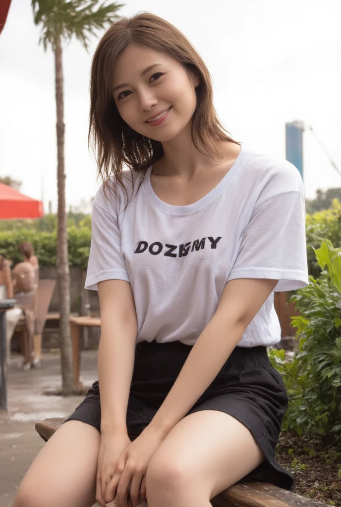 25 year old Filipino woman wearing a pink t-shirt, white jeans and sneakers。smile、Short Haircut、The background is night and Korean park。.