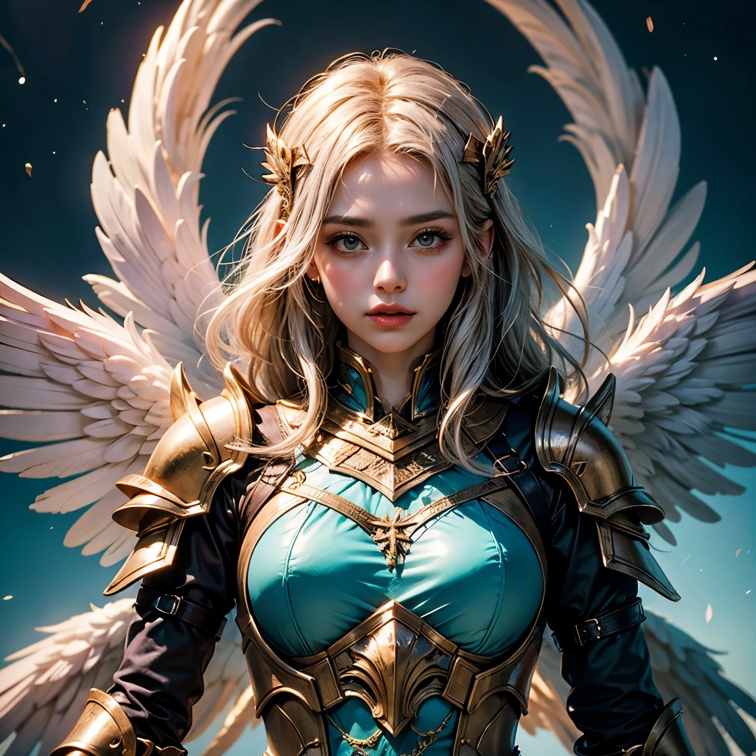 1beautiful angel girl,organic wires,detailed skin,metal skin,realistic,intense shadows,darkness,sun,sparks,bra,bracelet,white skin,(golden very long hair:1.5),sweet,<lora:FantasyKnightsHKStyle:0.8>,HKStyle,<lora:add-detail-xl:1>,<lora:DetailedEyes_V3:1>,glowing pupils(gold:1.5),[gold:cross:ivory],angel,palce,lens_flare,background light,((wings(metal, blades))),sword(stick in ground, scattered),all_fours,, (masterpiece),(best quality), wallpaper, extreme detail