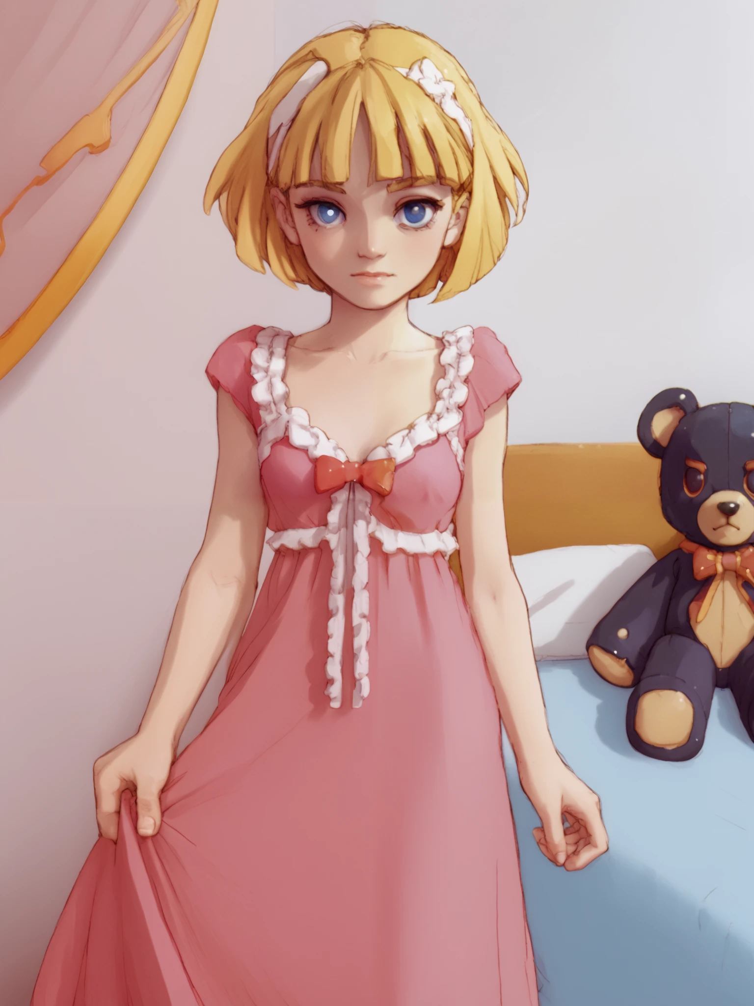 a very young , Long dress in pink pajamas 、 Full image of a girl holding a teddy bear , blue eyes、 Light pink room in the background 、 short hair, mystery,bow hair, whole body,bed in the background 、 Blue eyes and short hair ,quarto feminino beautiful, beautiful, fofo, hair fringe ,penteado babydoll, blonde looking at the camera 、 A cutie in a long red dress and holding a teddy bear is surrounded by a black teddy wolf in the background.、 Full image of the 、smaller breasts、 Closed windows
Make the entire image fit the frame 。