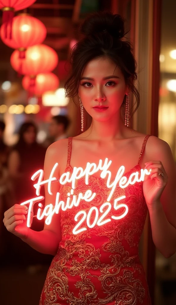 1girl, solo, long hair, black hair, holding flower, red dress, red background, (text "happy new year 2024"), look at viewer, portrait