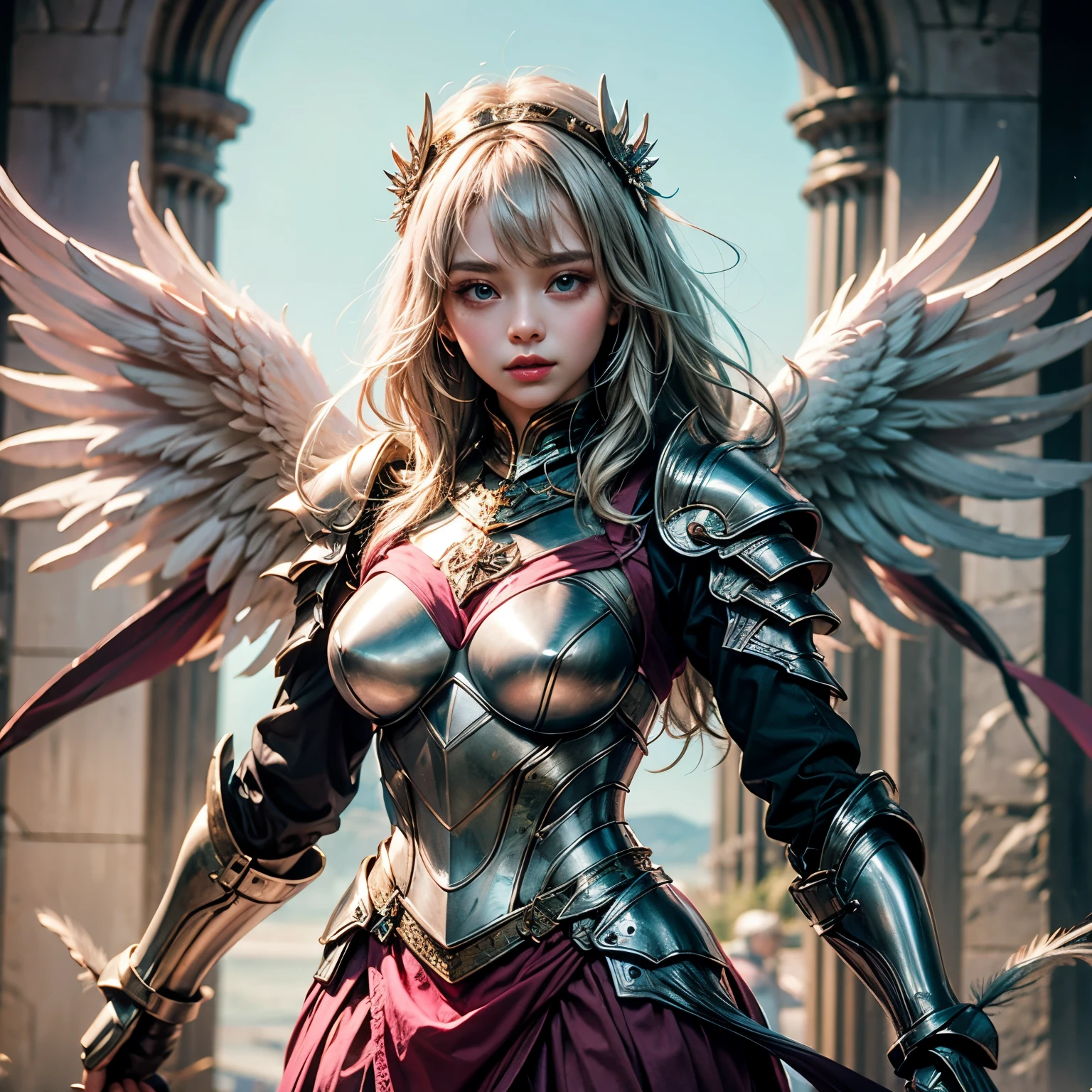 Beautiful woman with angel wings,Exudes an aura of fanatical power, legion of heaven, Red and gold armor,Red long-sleeved dress,defender of faith,god light,(tmasterpiece:1.4),(best qualtiy:1.4),(Beautiful angel girl,Super detailed face,Short white hair, Hair is scattered,(angel wing: 1.4),(full bodyesbian),The sheen, Bokeh, Ultra-detailed RAW photos,best qualtiy),(realisticlying,photograph realistic:1.3),best qualtiy,highly detailed,tmasterpiece,Hyper-detailing,illustratio,dynamic angle,A world-class masterpiece,best qualtiy,extremaly detailed cg,8k wallpaper,cinmatic lighting,Lens flare,Dunhuang style