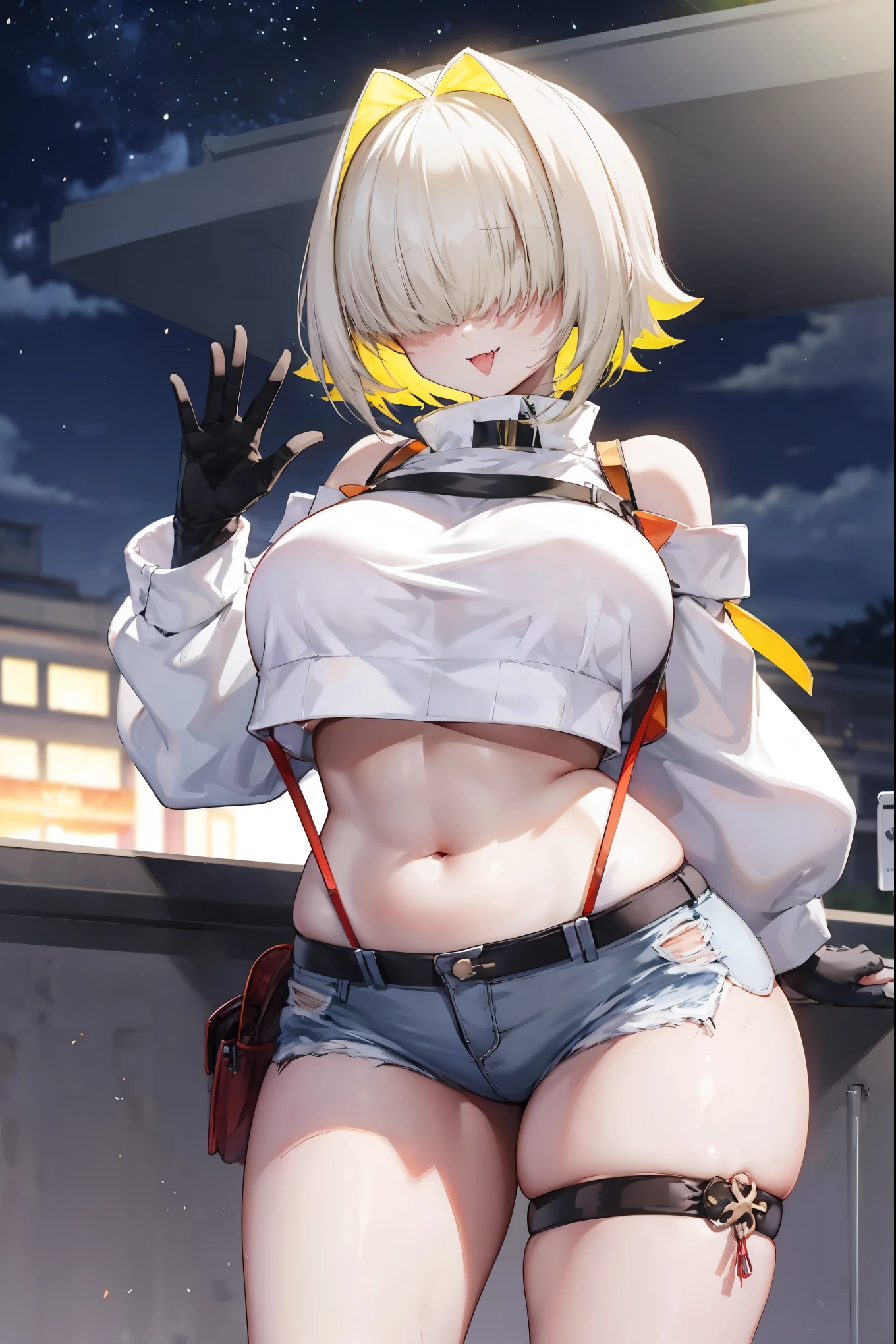 score_9, score_8_up, score_7_up, source_anime BREAK 1girl, solo, elegg, short hair, bangs, hair intakes, multicolored hair, hair over eyes, crop top, bare shoulders, long sleeves, suspenders, midriff, navel, short shorts, thigh strap, multicolored_gloves, large breasts, looking at viewer, thick thighs, (plump:0.5),(plump_lower:0.7), standing, smug, waving,
,future_city_background,night,under_breasts,lighting, (sharp_glance:0.2),nihil_smile,fang, pockets_protruding_from_shorts