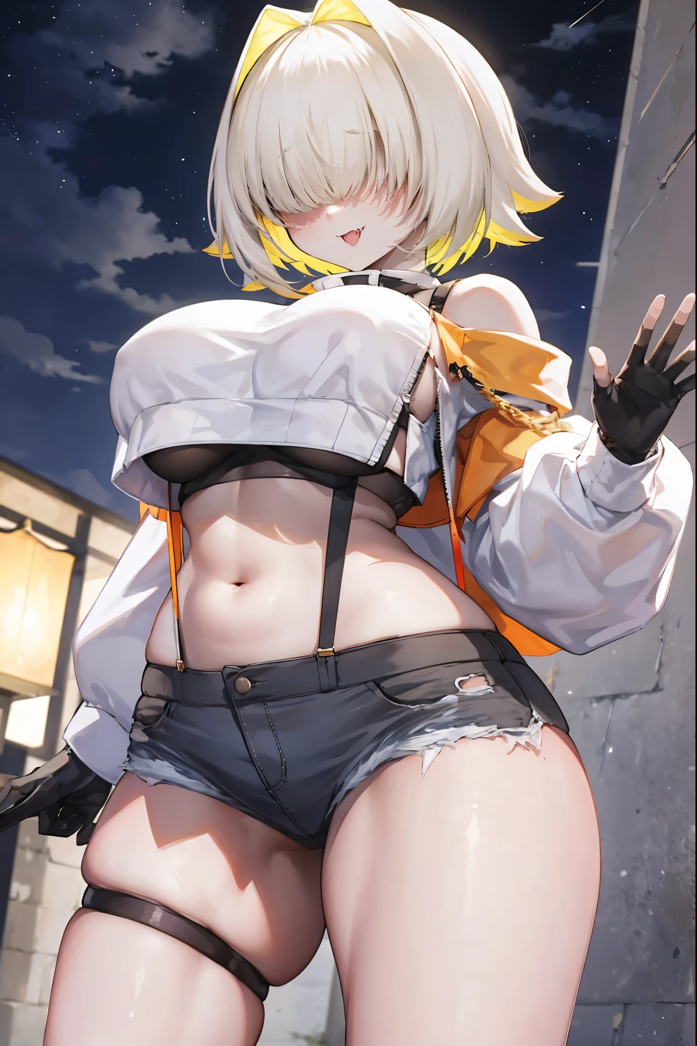 score_9, score_8_up, score_7_up, source_anime BREAK 1girl, solo, elegg, short hair, bangs, hair intakes, multicolored hair, hair over eyes, crop top, bare shoulders, long sleeves, suspenders, midriff, navel, short shorts, thigh strap, multicolored_gloves, large breasts, looking at viewer, thick thighs, (plump:0.5),(plump_lower:0.7), standing, smug, waving,
,future_city_background,night,under_breasts,lighting, (sharp_glance:0.2),nihil_smile,fang, pockets_protruding_from_shorts