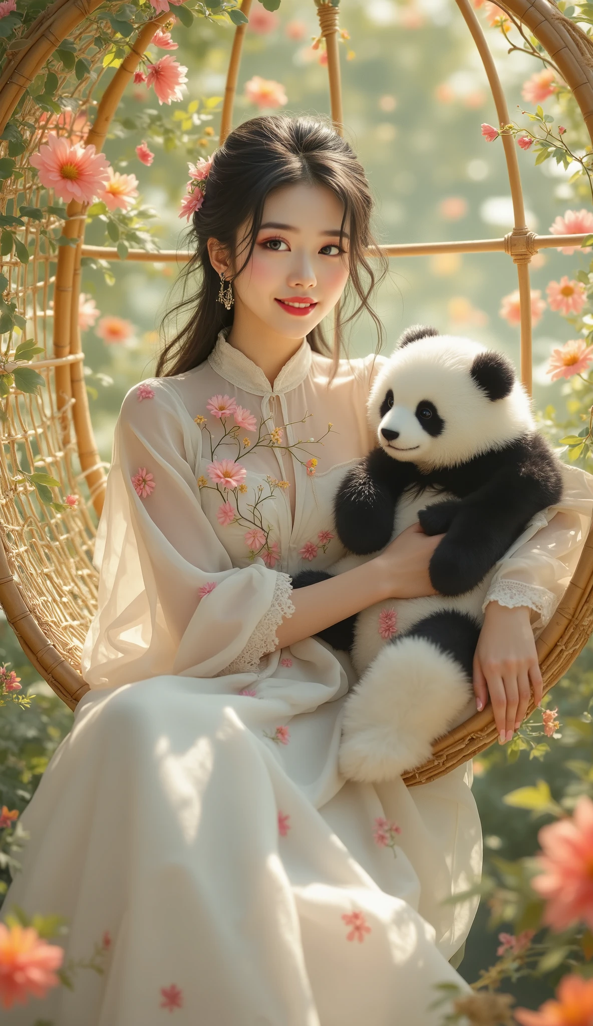 A beautiful Korean girl cute face smiling softly wearing a hijab wearing a beautiful ta chiffon dress wavy embroidered pink flower carving sitting gracefully in a chair Swing woven wicker rattan hugging a cute panda cute many flowers Cosmos home backdrop of woven bamboo lots of lush bamboo
