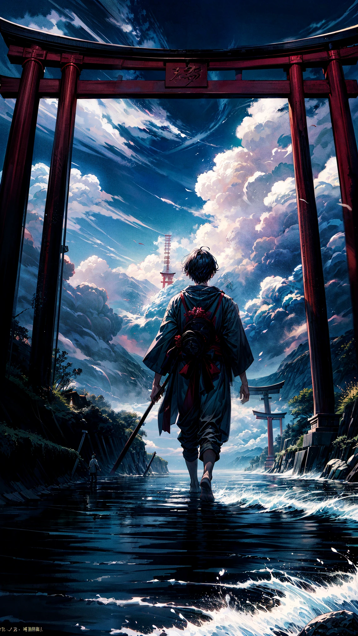 masterpiece, best quality, movie still, Footage of the main character passing through a mysterious torii gate a new world with ocean of cloud