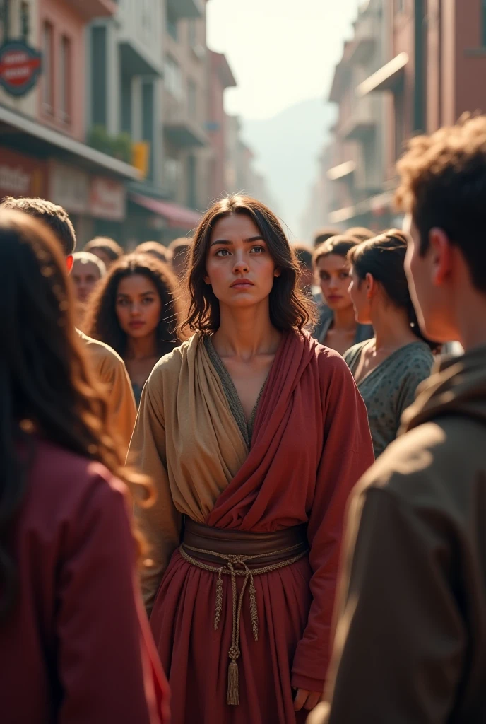 A vivid depiction of the wife of Caim revealing her true identity as more than just a silent figure in history. The scene captures her standing beside Caim, both of them surrounded by a symbolic light that highlights her crucial role in their journey. The background shows their children, who are growing strong and determined, symbolizing the legacy of faith and hope they are building. The atmosphere is one of revelation and redemption, with subtle elements like rays of light or symbolic motifs indicating the uncovering of long-hidden truths.