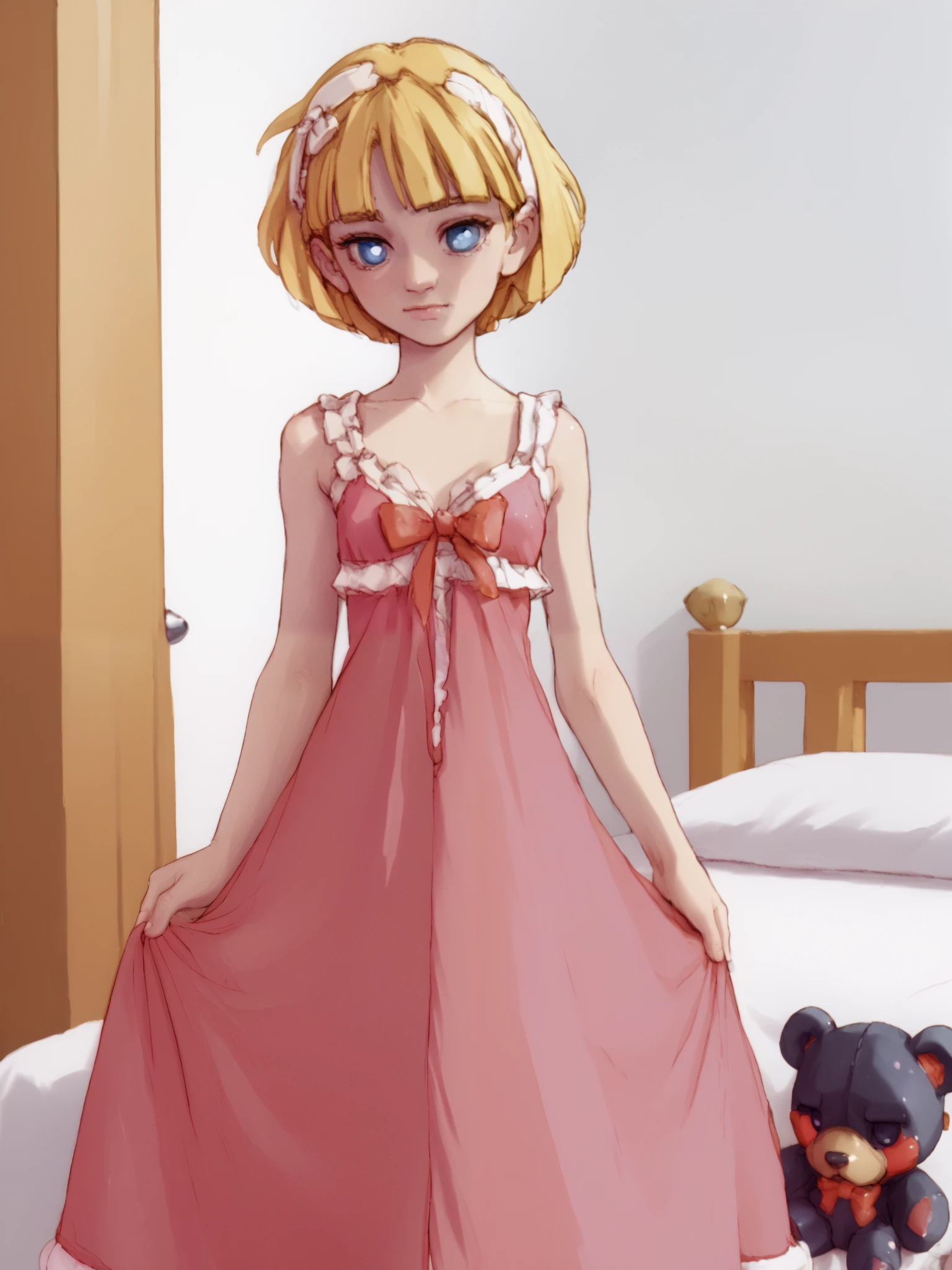 a very young , Long dress in pink pajamas 、 Full image of a girl holding a teddy bear , blue eyes、 Light pink room in the background 、 short hair, mystery,bow hair, whole body,bed in the background 、 Blue eyes and short hair ,quarto feminino beautiful, beautiful, fofo, hair fringe ,penteado babydoll, blonde looking at the camera 、 A cutie in a long red dress and holding a teddy bear is surrounded by a black teddy wolf in the background.、 Full image of the 、smaller breasts、 Closed windows
Make the entire image fit the frame 。