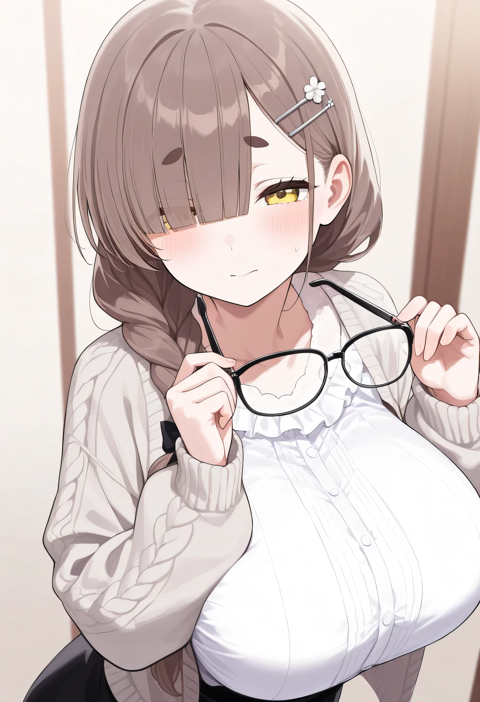 (ultra detailed:1.2),1 girl,portrait,holding removed eyewear,open cardigan ,blouse, tented shirt, long skirt ,Glasses,( yellow eyes,drooping eyesmellow eyebrows), ( huge breasts ), single braid,brown hair,blunt bangs,hair over one eye, hairpin,(squinting),(super detail, high details, highres, 8k, best quality, masterpiece, extremely detailed CG, clear, ultra high resolution, accurate, perfect anatomy,super detailed skin, beautiful detailed face, beautiful detailed eyes, beautiful detailed hands)