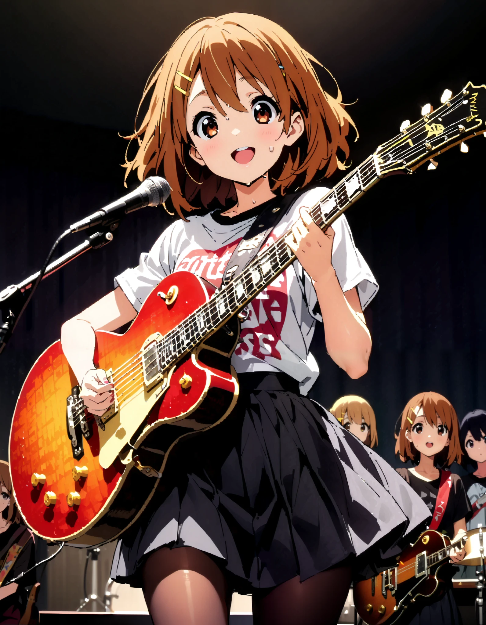 Yui Hirasawa, Yui Hirasawa, brown eyes, Hair, Alone, hair ornament, hair clip, medium hair ,smile, open their mouths, black pantyhose,Playing with a black oversized , t-shirt mini pleated skirt , guitar(Gibson) , Instrument playing, Stage Performance ,Singing in front of the microphone, playing in front of the microphone,sweat,whole bodyがイラストに入るように,
break looking at viewer,whole body,
break indoors, live house,
break (masterpiece:1.2), top quality, high resolution, unity 8k 壁紙 , (shape:0.8), ( attention to beautiful details :1.6), Highly Detailed Face , perfect lighting, highly detailed CG, ( perfect hand, perfect anatomy),