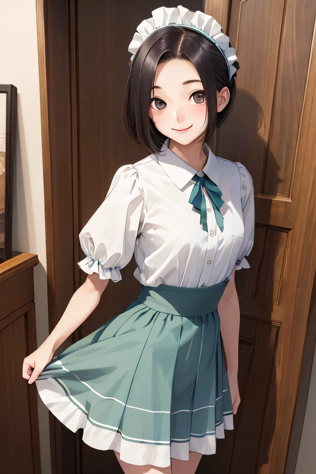 masterpiece,( top quality:1.5), ( high resolution:1.5), 18 year old woman,Kobayakawa Rinko , short bob, detailed eyes , small breasts, with outstanding style , pastel green maid clothes, Maid Headdress , cowboy shot, standing, Inside the store, lift skirt, smile