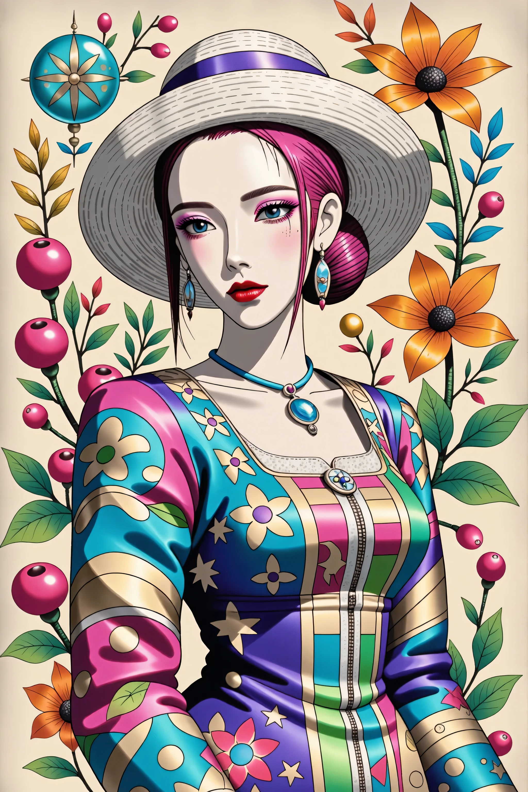 illustrated by Guo Chao style, poster design, in the style of psychedelic color schemes, hyper-detailed illustrations, 16k, a painting of a pagoda in the evening, in the style of graphic design-inspired illustrations, circular shapes detailed botanical illustrations, light cyan and orange can't believe how beautiful this is, mythological influences, chinapunk high quality, Super detailed, Super exquisite, 8k, 1girl, sunglasses, solo, hat, lipstick, red lips, long pink hair, aqua eyes, dress, plunging neckline, makeup, big breasts, cleavage, looking at viewer, arms behind back, ulzzang, portrait, sexy, submissive, ((seductive)), ((heavy blushing)), shy, tease, Sharp focus, ((shiny skin)), ((naughty girl)), Create a digital art work in pop art style, featureing a vibrant and confident asian woman with bold makeup and colorful dress, cinematic color scheme, surrounded by vintage flowers patterns, energtic brushstrokes,the mood should be dynamic, upper body, drawing, illustration, grayscale, tropical, vintage fruits, vintage plants, many flowers, vector