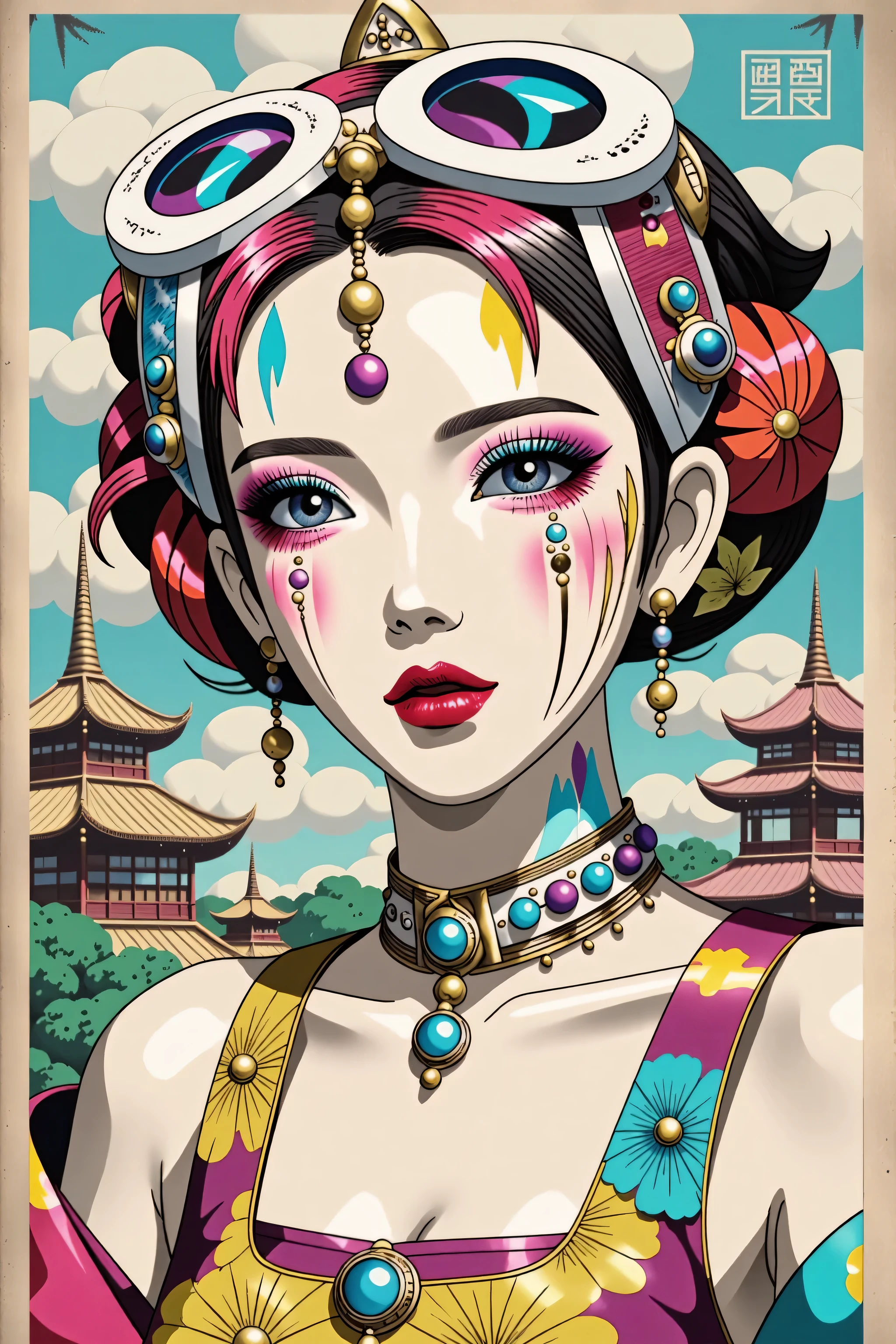 illustrated by Guo Chao style, poster design, in the style of psychedelic color schemes, hyper-detailed illustrations, 16k, a painting of a pagoda in the evening, in the style of graphic design-inspired illustrations, circular shapes detailed botanical illustrations, light cyan and orange can't believe how beautiful this is, mythological influences, chinapunk high quality, Super detailed, Super exquisite, 8k, 1girl, sunglasses, solo, hat, lipstick, red lips, long pink hair, aqua eyes, dress, plunging neckline, makeup, big breasts, cleavage, looking at viewer, arms behind back, ulzzang, portrait, sexy, submissive, ((seductive)), ((heavy blushing)), shy, tease, Sharp focus, ((shiny skin)), ((naughty girl)), Create a digital art work in pop art style, featureing a vibrant and confident asian woman with bold makeup and colorful dress, cinematic color scheme, surrounded by vintage flowers patterns, energtic brushstrokes,the mood should be dynamic, upper body, drawing, illustration, grayscale, tropical, vintage fruits, vintage plants, many flowers, vector