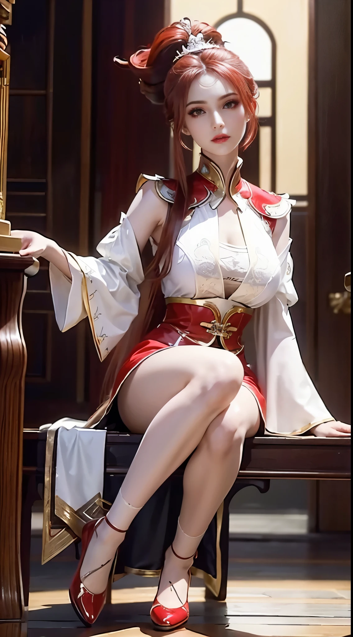 ((top-quality、8K、masterpiece: 1.3))、(Realisticity、real picture: 1.4) , Cowboy Shot、1girl, facing front、(extremely beautiful face:1.2)、(Perfect body shape beauty: 1.4)、(爆乳)、(White V-neck shirt:1.1)、(Red tight skirt:1.1) 、Tight skirt 10 cm above the knee、(The costume is on the verge of tearing off:1.8)、beautiful countenance、A detailed face、big eye、perfectly proportions、爆乳、cleavage of the breast、big breasts thin waist、Crotch gap、(big, toned buttocks、beautifully shaped buttocks :1.5)、Beautiful and seductive smile、(cheerfulness: 1.4)、 prety woman、(A detailed eye)、(long curled hair)、maroon hair、full bodyesbian、s Office、