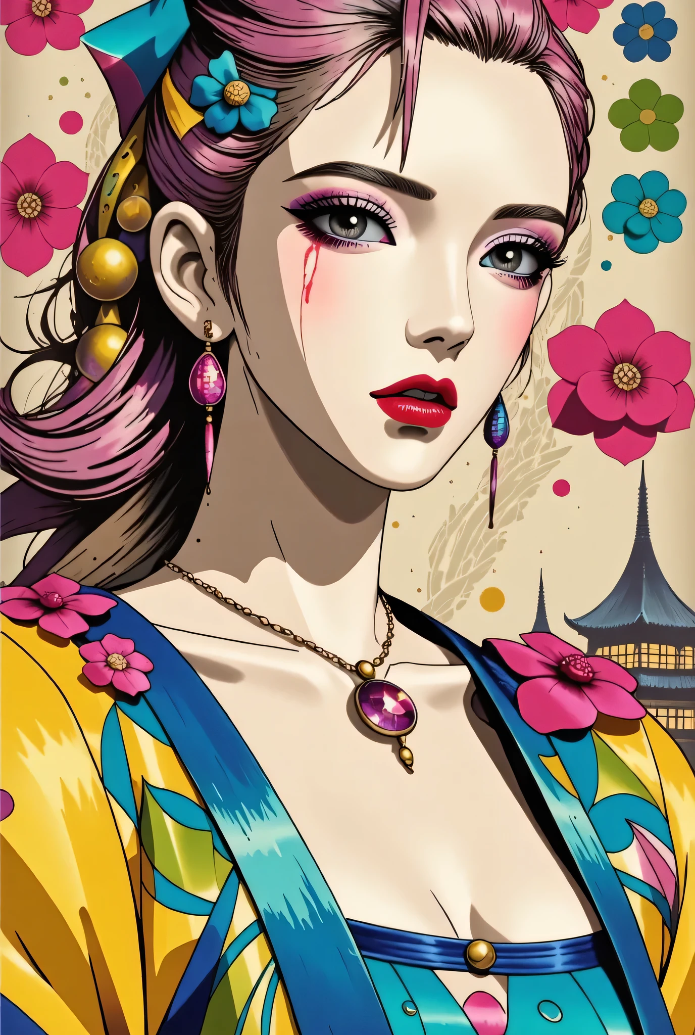 illustrated by Guo Chao style, poster design, in the style of psychedelic color schemes, hyper-detailed illustrations, 16k, a painting of a pagoda in the evening, in the style of graphic design-inspired illustrations, circular shapes detailed botanical illustrations, light cyan and orange can't believe how beautiful this is, mythological influences, chinapunk high quality, Super detailed, Super exquisite, 8k, 1girl, sunglasses, solo, hat, lipstick, red lips, long pink hair, aqua eyes, dress, plunging neckline, makeup, big breasts, cleavage, looking at viewer, arms behind back, ulzzang, portrait, sexy, submissive, ((seductive)), ((heavy blushing)), shy, tease, Sharp focus, ((shiny skin)), ((naughty girl)), Create a digital art work in pop art style, featureing a vibrant and confident asian woman with bold makeup and colorful dress, cinematic color scheme, surrounded by vintage flowers patterns, energtic brushstrokes,the mood should be dynamic, upper body, drawing, illustration, grayscale, tropical, vintage fruits, vintage plants, many flowers, vector