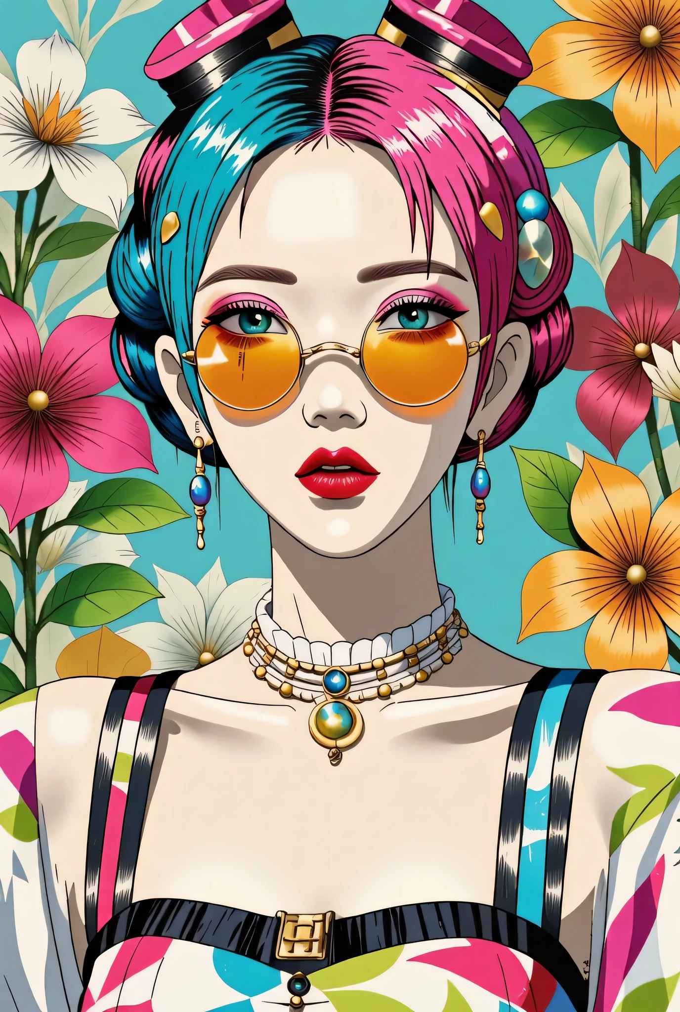 illustrated by Guo Chao style, poster design, in the style of psychedelic color schemes, hyper-detailed illustrations, 16k, a painting of a pagoda in the evening, in the style of graphic design-inspired illustrations, circular shapes detailed botanical illustrations, light cyan and orange can't believe how beautiful this is, mythological influences, chinapunk high quality, Super detailed, Super exquisite, 8k, 1girl, sunglasses, solo, hat, lipstick, red lips, long pink hair, aqua eyes, dress, plunging neckline, makeup, big breasts, cleavage, looking at viewer, arms behind back, ulzzang, portrait, sexy, submissive, ((seductive)), ((heavy blushing)), shy, tease, Sharp focus, ((shiny skin)), ((naughty girl)), Create a digital art work in pop art style, featureing a vibrant and confident asian woman with bold makeup and colorful dress, cinematic color scheme, surrounded by vintage flowers patterns, energtic brushstrokes,the mood should be dynamic, upper body, drawing, illustration, grayscale, tropical, vintage fruits, vintage plants, many flowers, vector