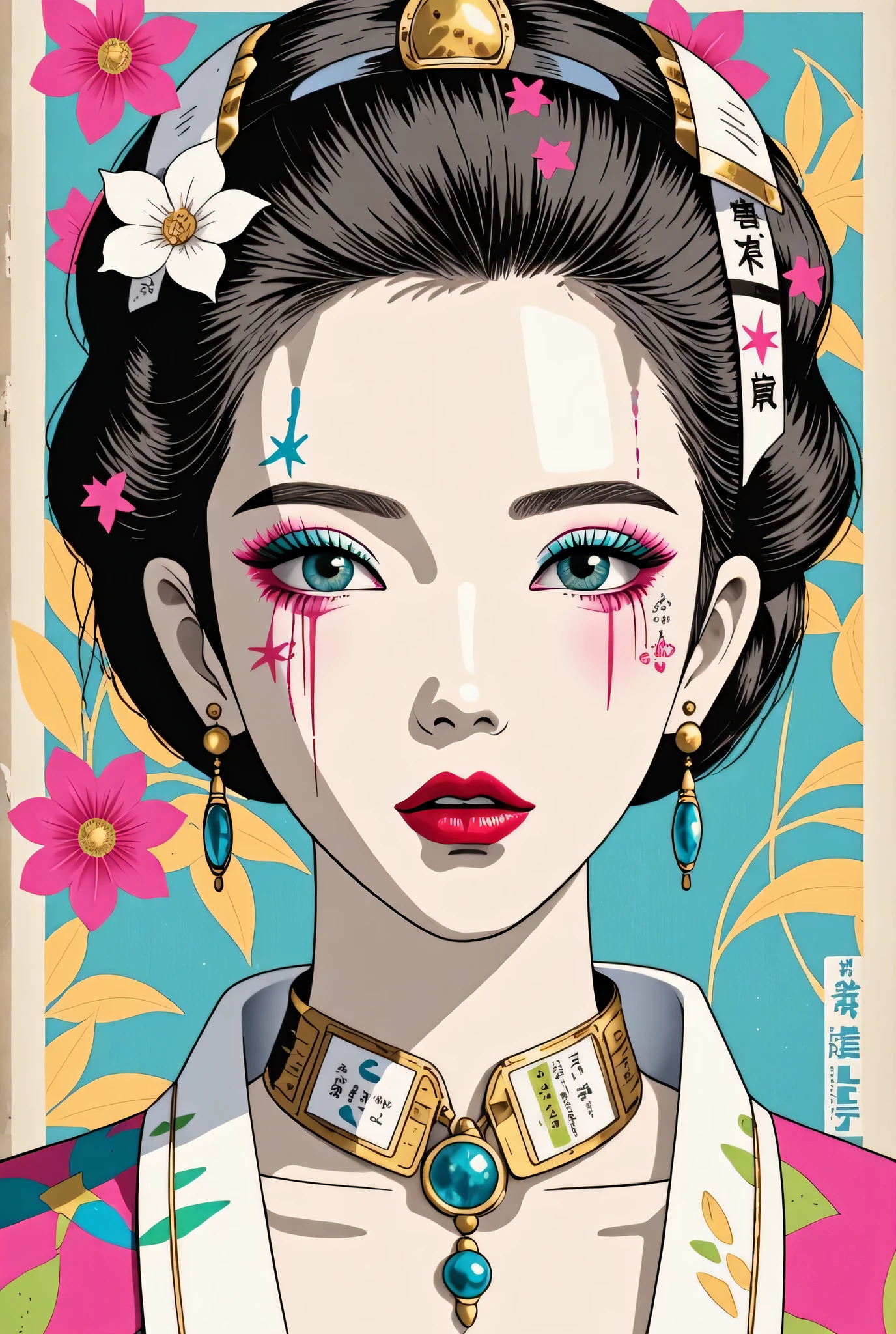 illustrated by Guo Chao style, poster design, in the style of psychedelic color schemes, hyper-detailed illustrations, 16k, a painting of a pagoda in the evening, in the style of graphic design-inspired illustrations, circular shapes detailed botanical illustrations, light cyan and orange can't believe how beautiful this is, mythological influences, chinapunk high quality, Super detailed, Super exquisite, 8k, 1girl, sunglasses, solo, hat, lipstick, red lips, long pink hair, aqua eyes, dress, plunging neckline, makeup, big breasts, cleavage, looking at viewer, arms behind back, ulzzang, portrait, sexy, submissive, ((seductive)), ((heavy blushing)), shy, tease, Sharp focus, ((shiny skin)), ((naughty girl)), Create a digital art work in pop art style, featureing a vibrant and confident asian woman with bold makeup and colorful dress, cinematic color scheme, surrounded by vintage flowers patterns, energtic brushstrokes,the mood should be dynamic, upper body, drawing, illustration, grayscale, tropical, vintage fruits, vintage plants, many flowers, vector